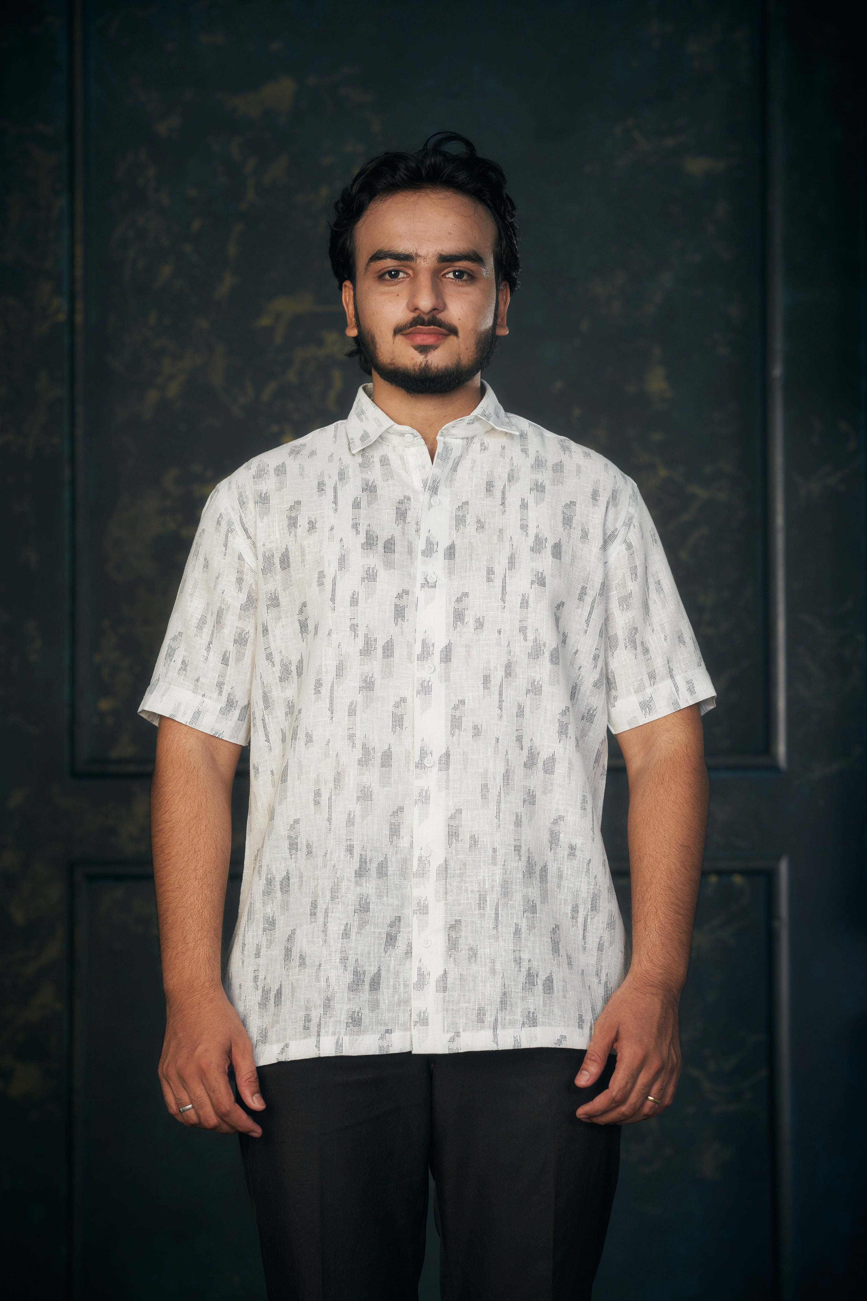 Mensoline Men’s White Cotton Linen Shirt with Subtle Grey Print. (Light Blue)