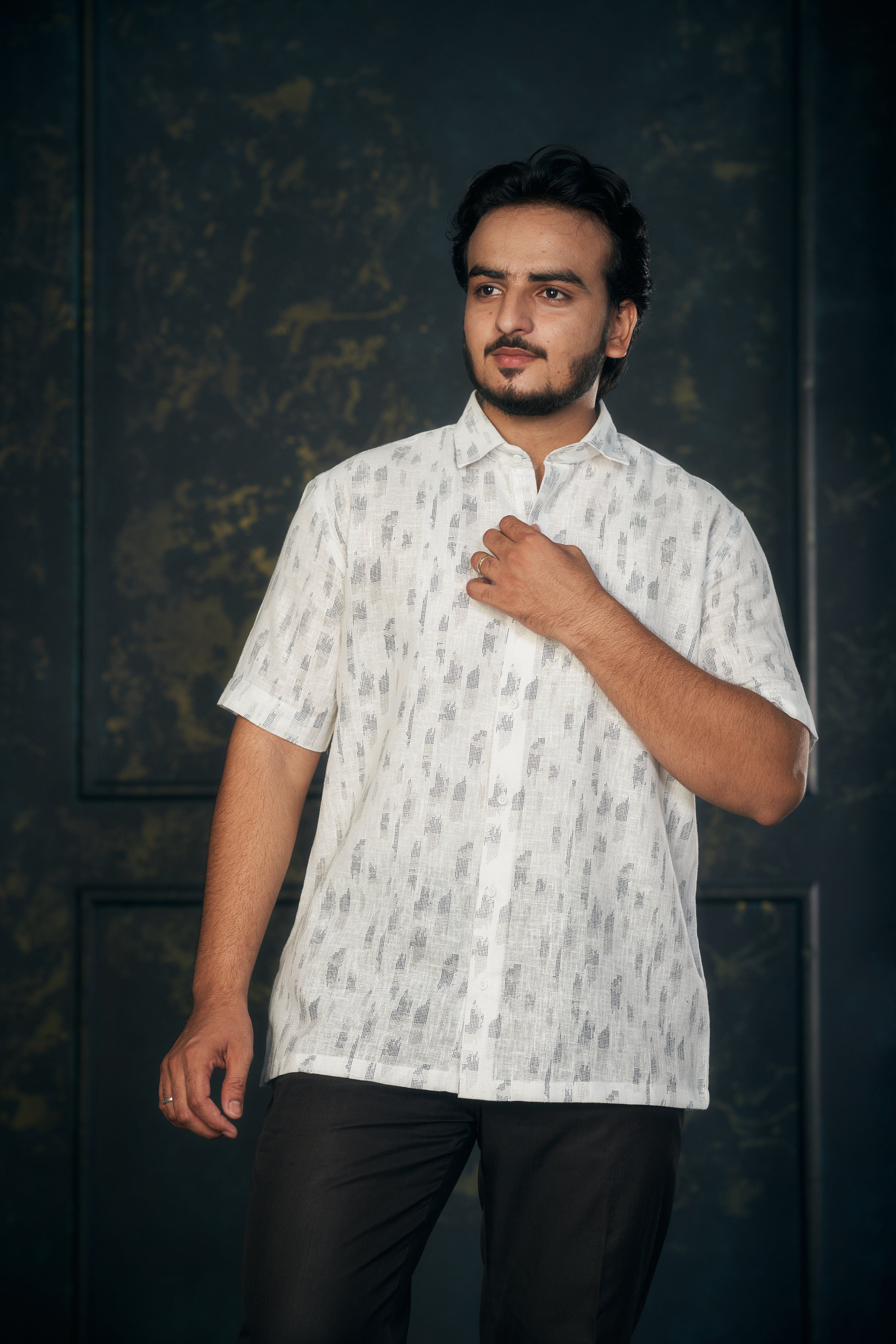 Mensoline Men’s White Cotton Linen Shirt with Subtle Grey Print. (Light Blue)