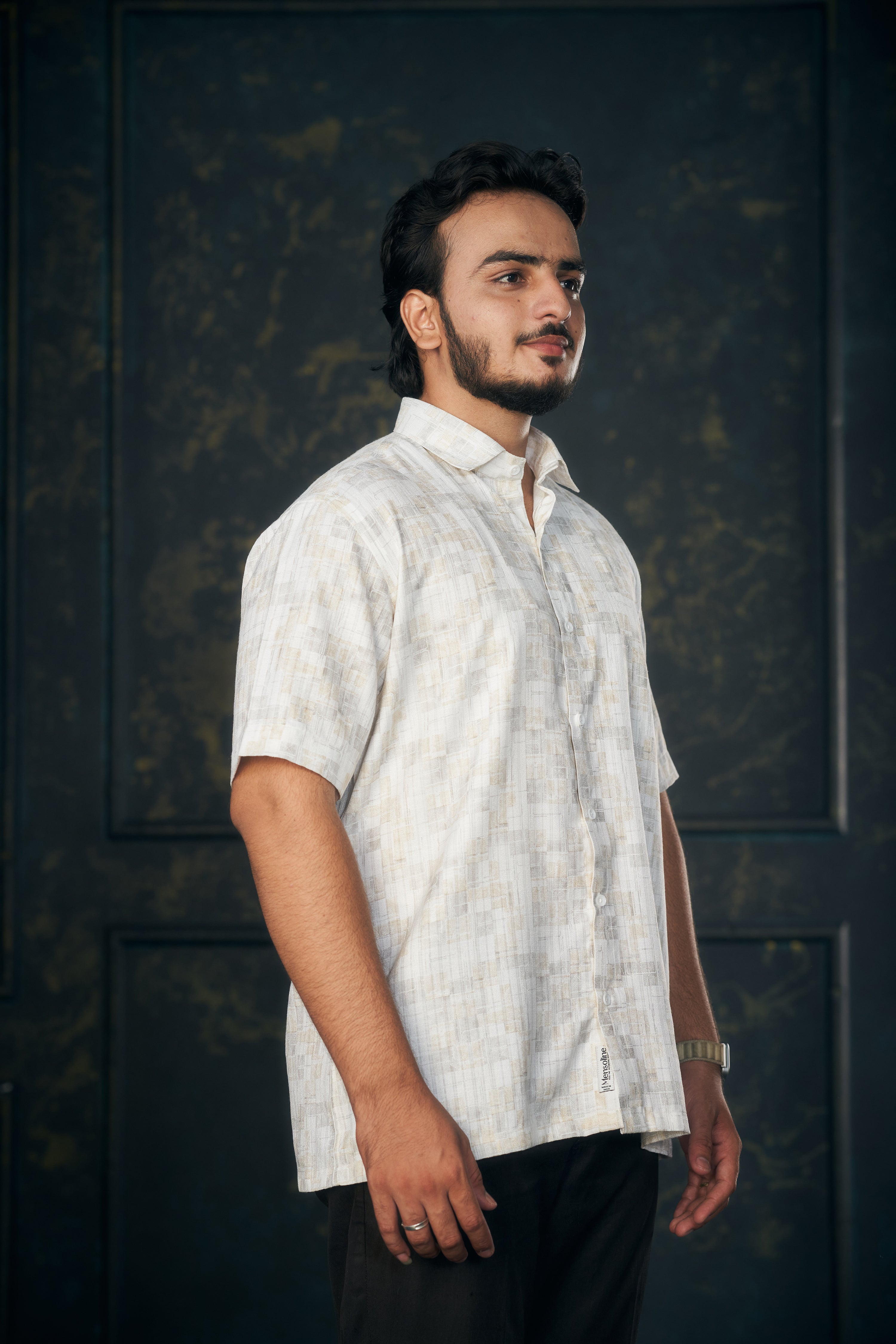 Mensoline MistEcho Shirt – Soft Gold Grid Pattern. (Light Gold)