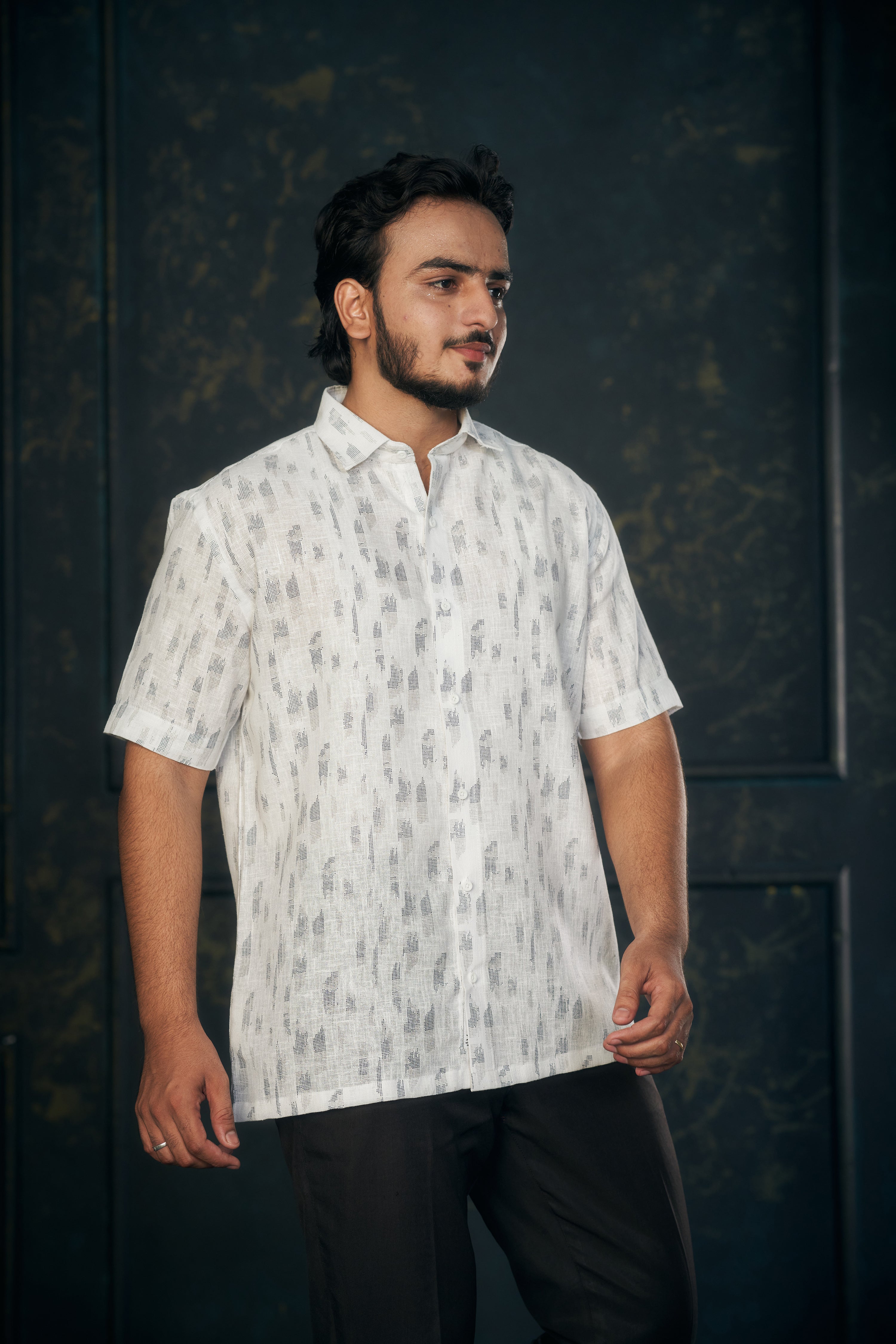 Mensoline Men’s White Cotton Linen Shirt with Subtle Grey Print. (Light Blue)