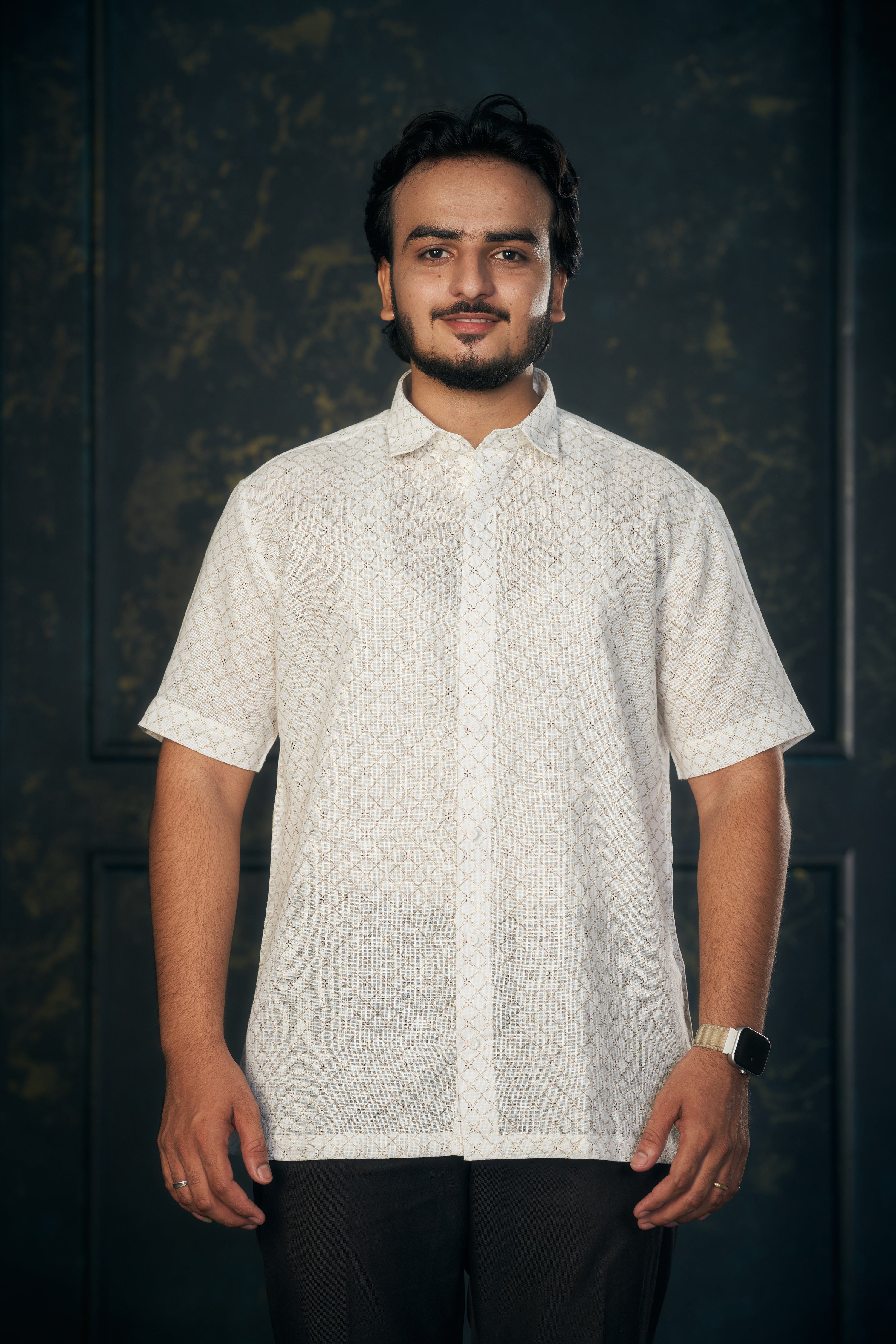 Mensoline White Luxe Geo Cotton Linen Shirt.(Light Gold)