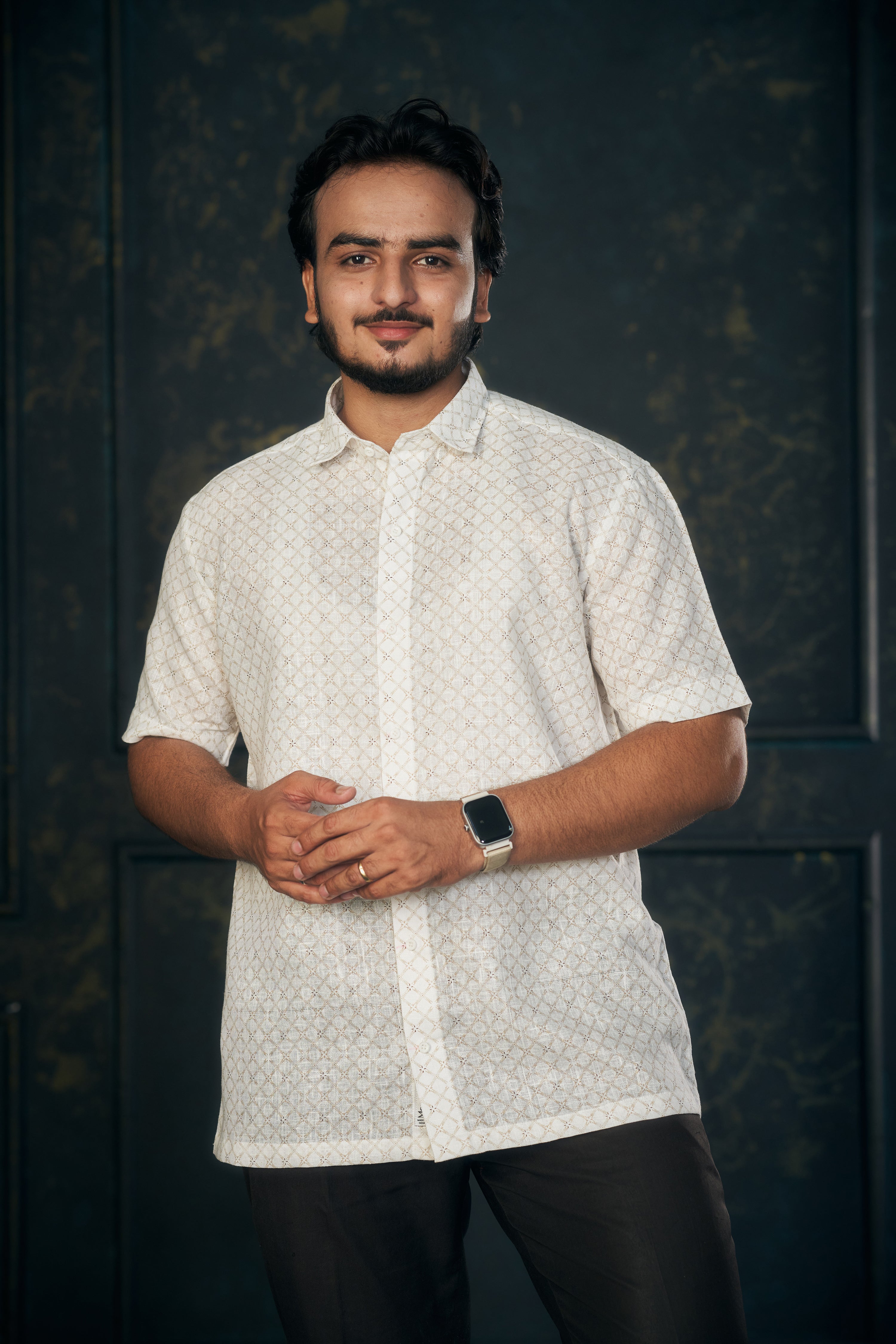 Mensoline White Luxe Geo Cotton Linen Shirt.(Light Gold)