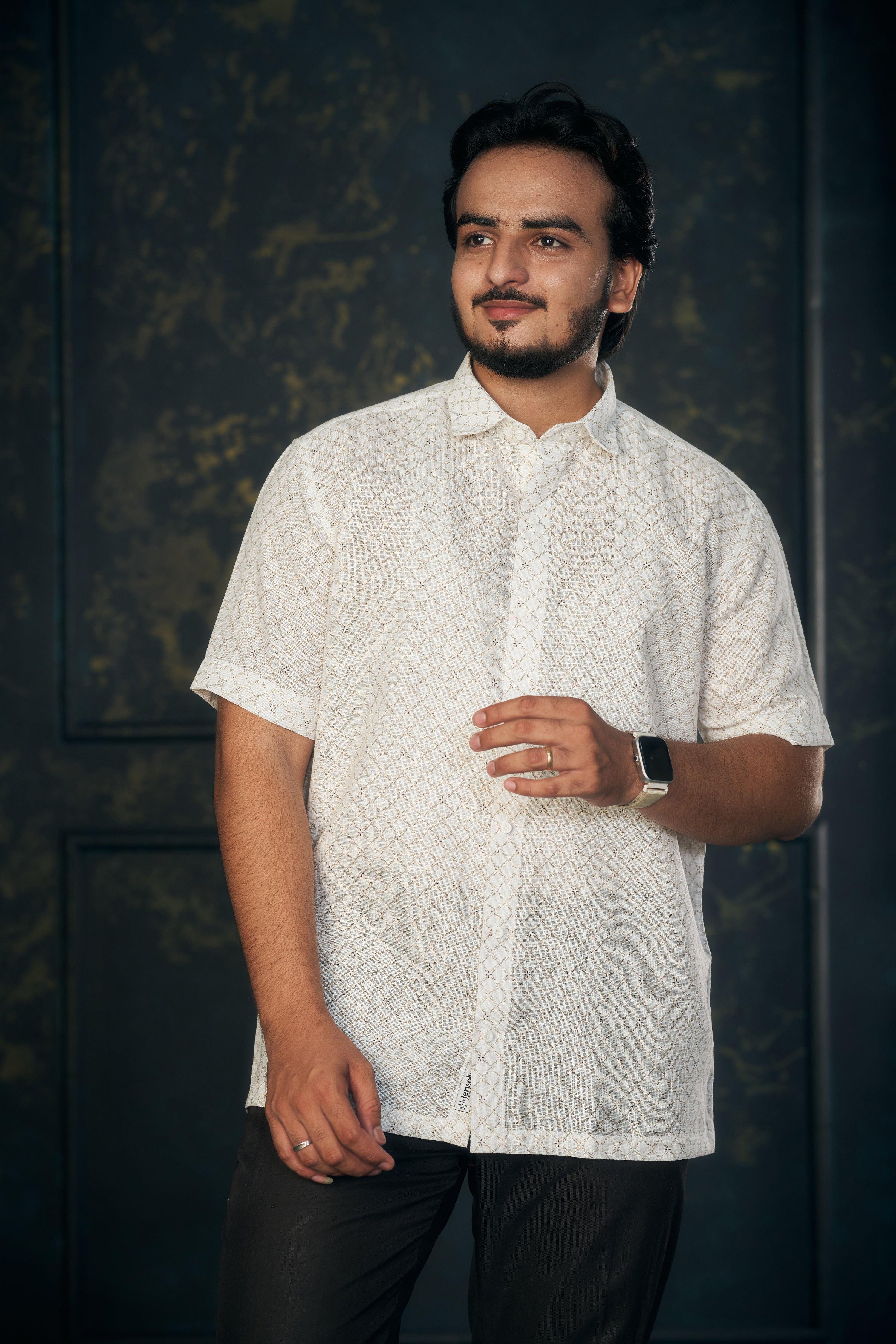 Mensoline White Luxe Geo Cotton Linen Shirt.(Light Gold)