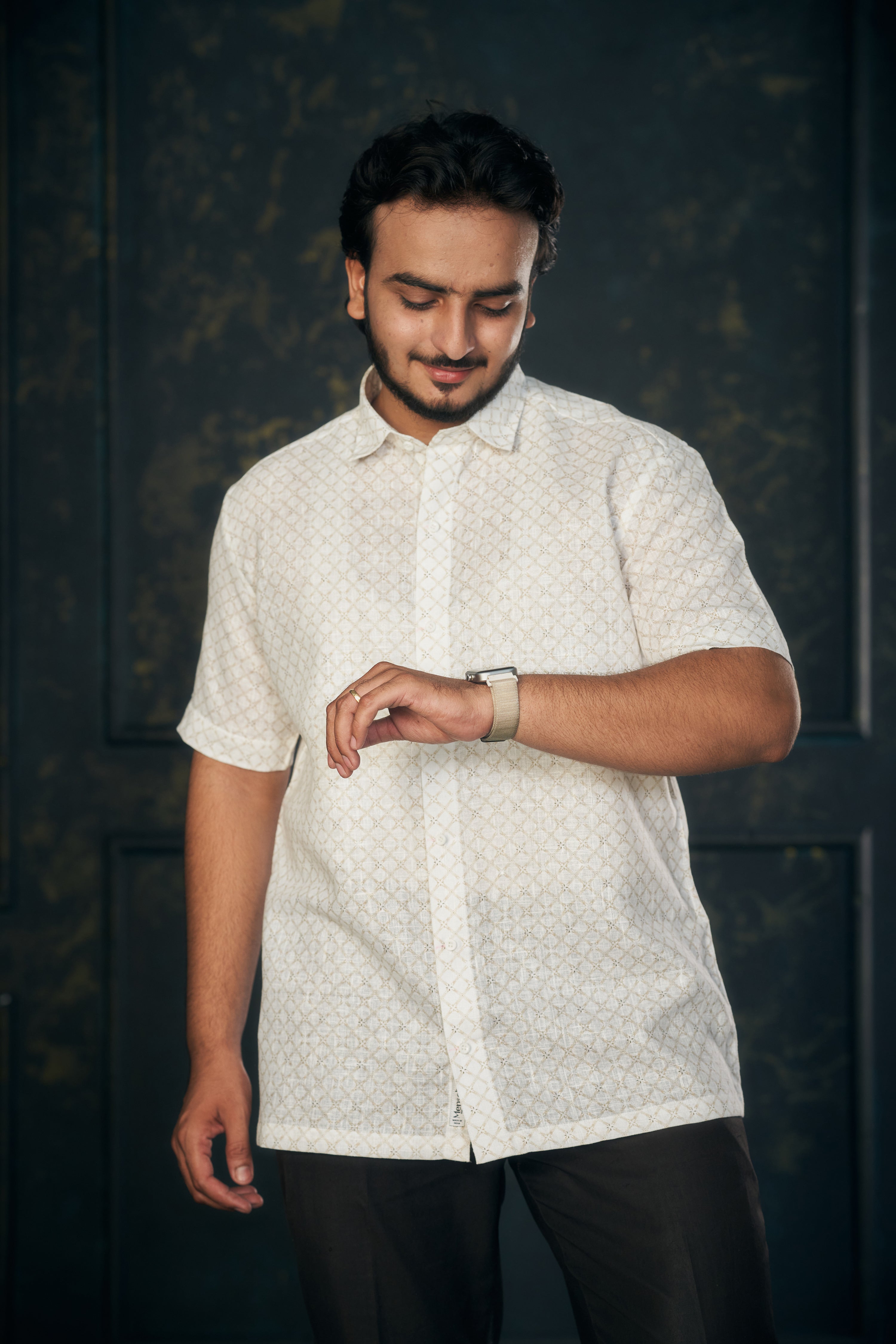 Mensoline White Luxe Geo Cotton Linen Shirt.(Light Gold)