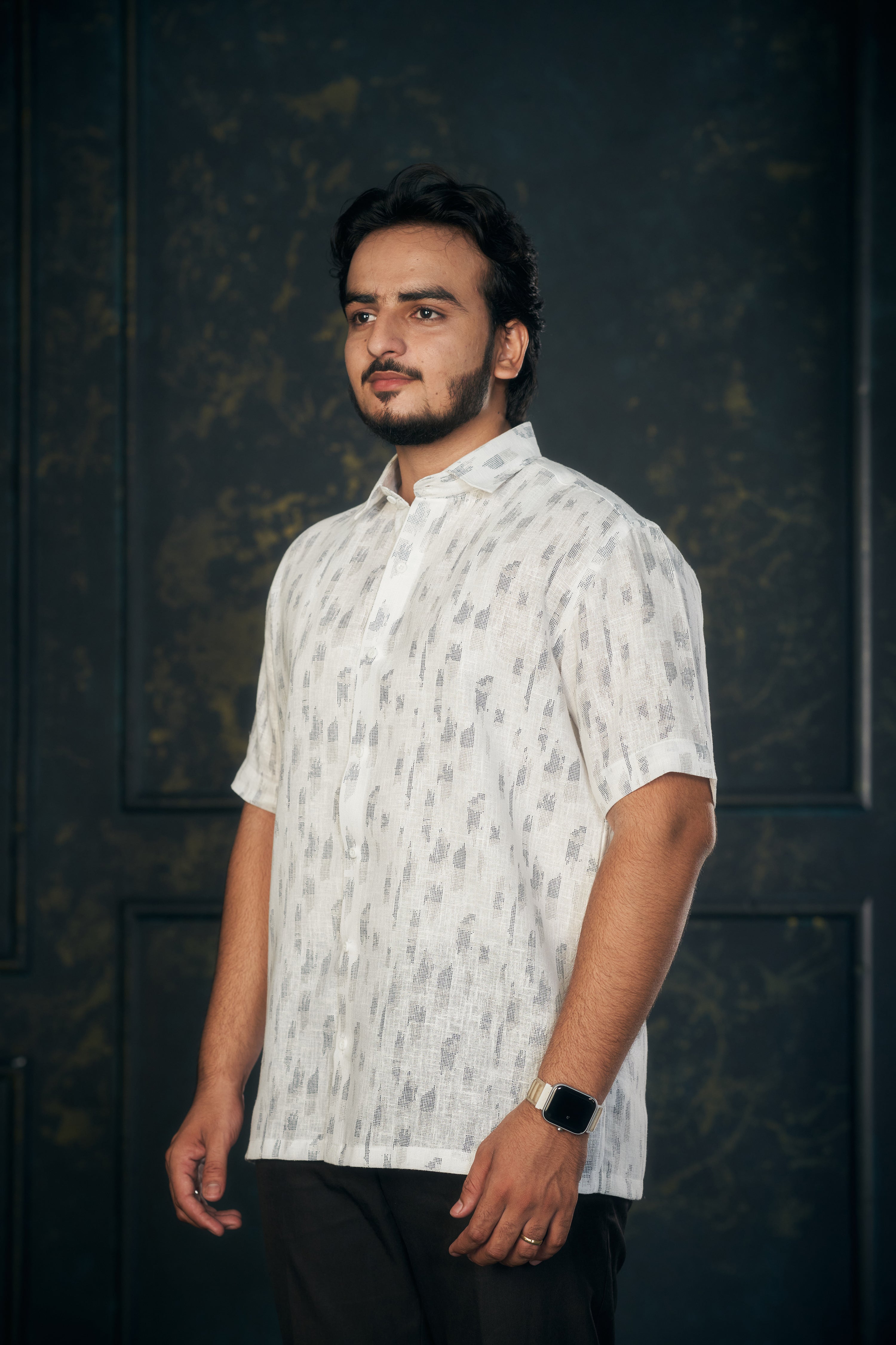 Mensoline Men’s White Cotton Linen Shirt with Subtle Grey Print. (Light Blue)