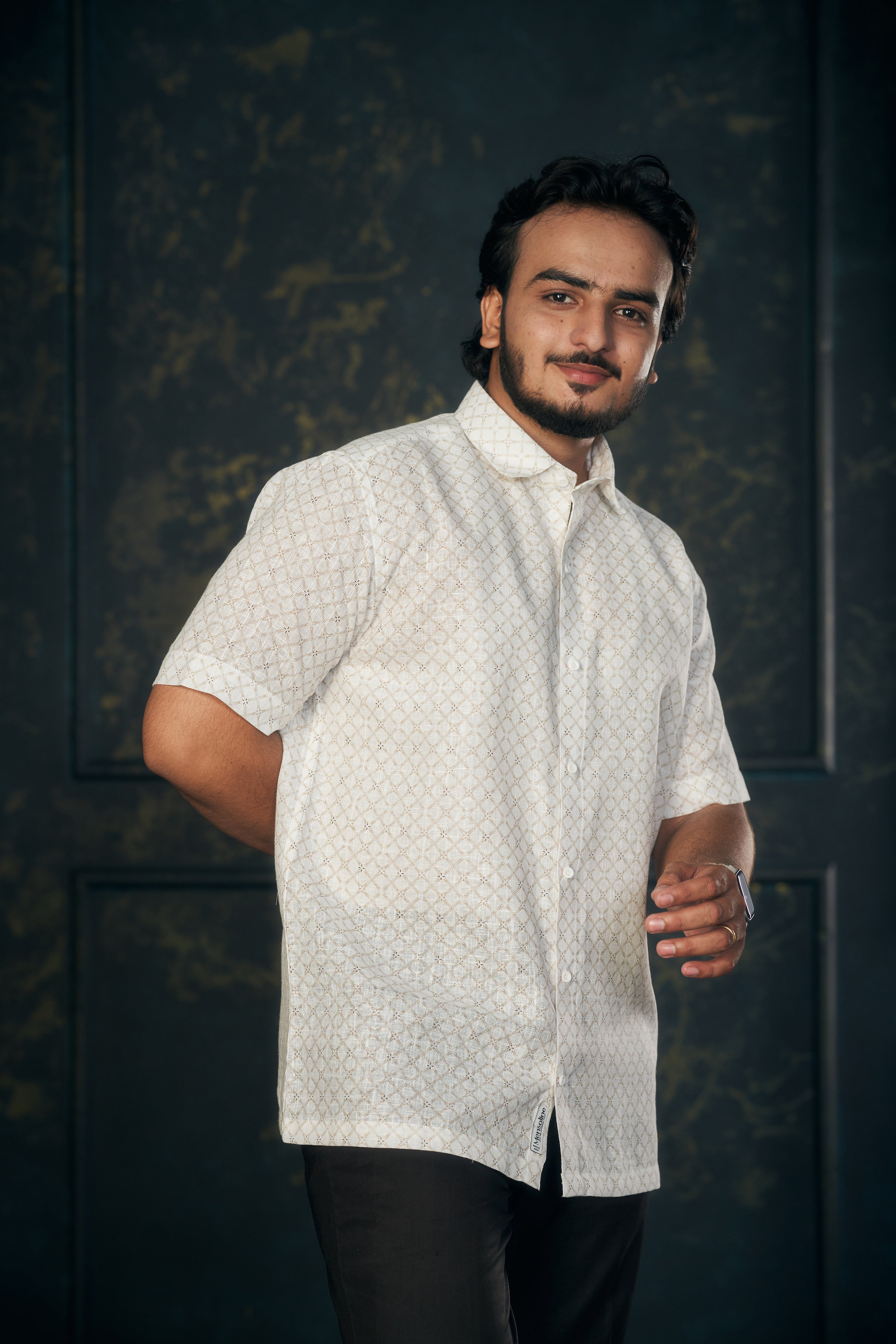 Mensoline White Luxe Geo Cotton Linen Shirt.(Light Gold)
