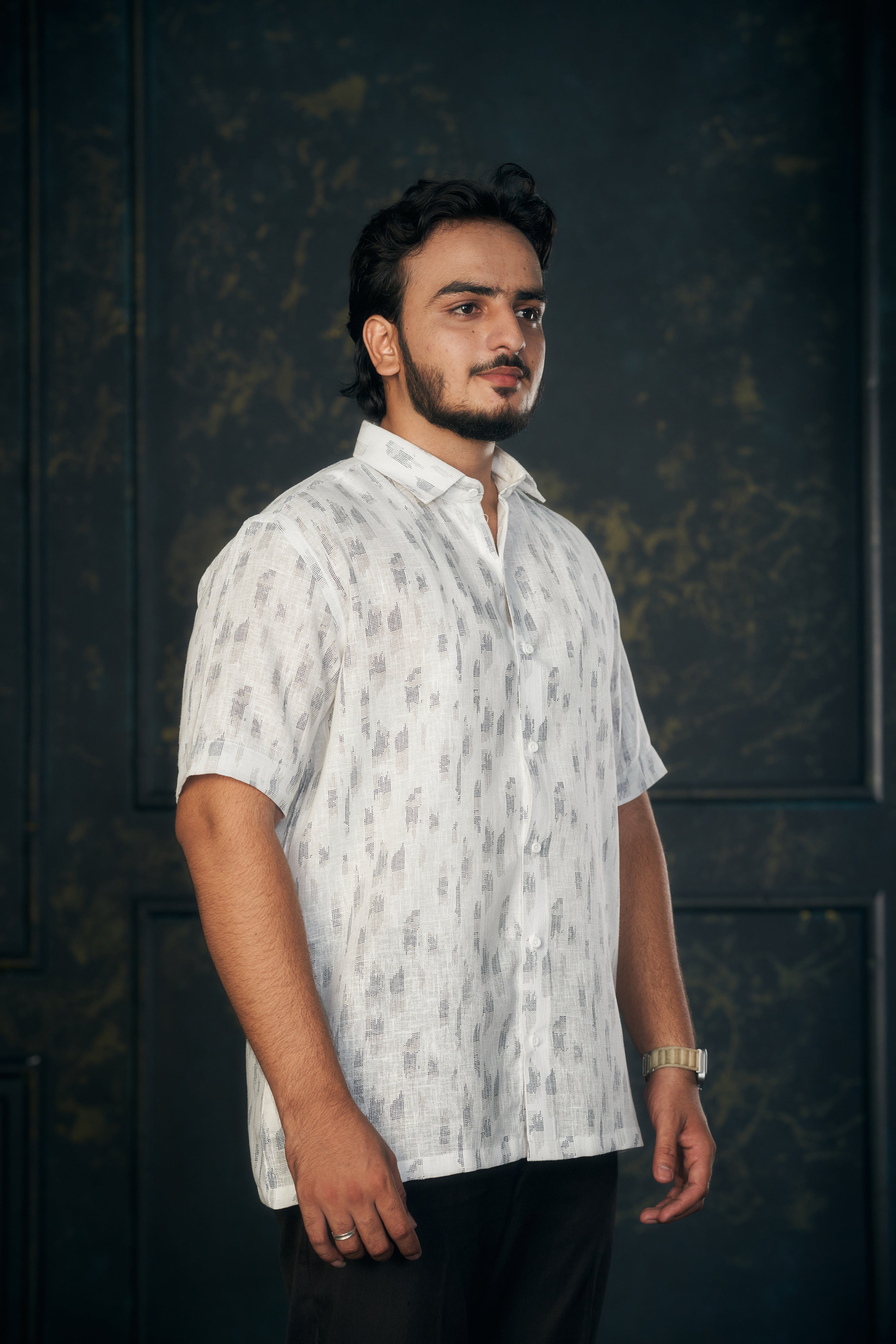 Mensoline Men’s White Cotton Linen Shirt with Subtle Grey Print. (Light Blue)