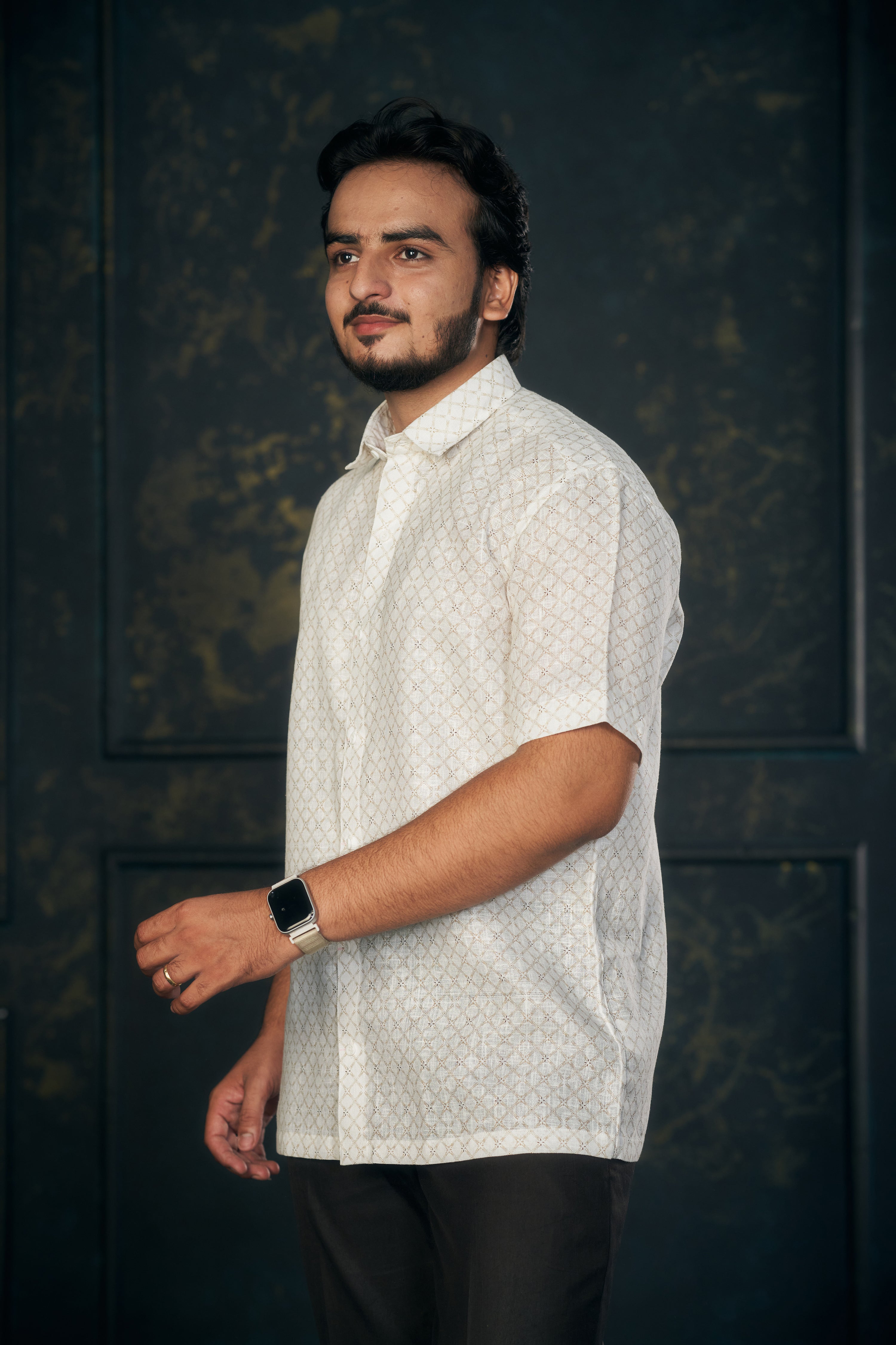 Mensoline White Luxe Geo Cotton Linen Shirt.(Light Gold)