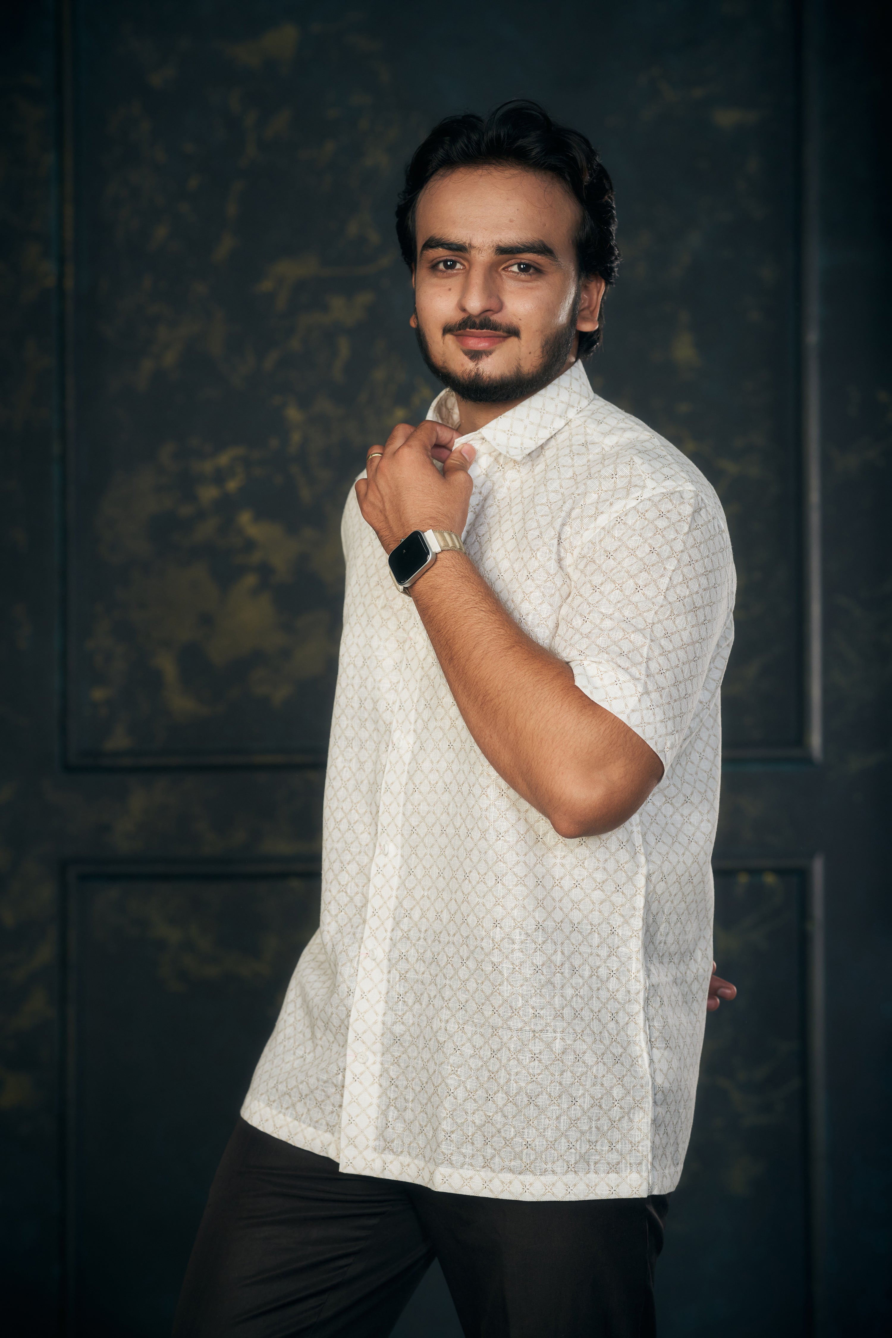 Mensoline White Luxe Geo Cotton Linen Shirt.(Light Gold)