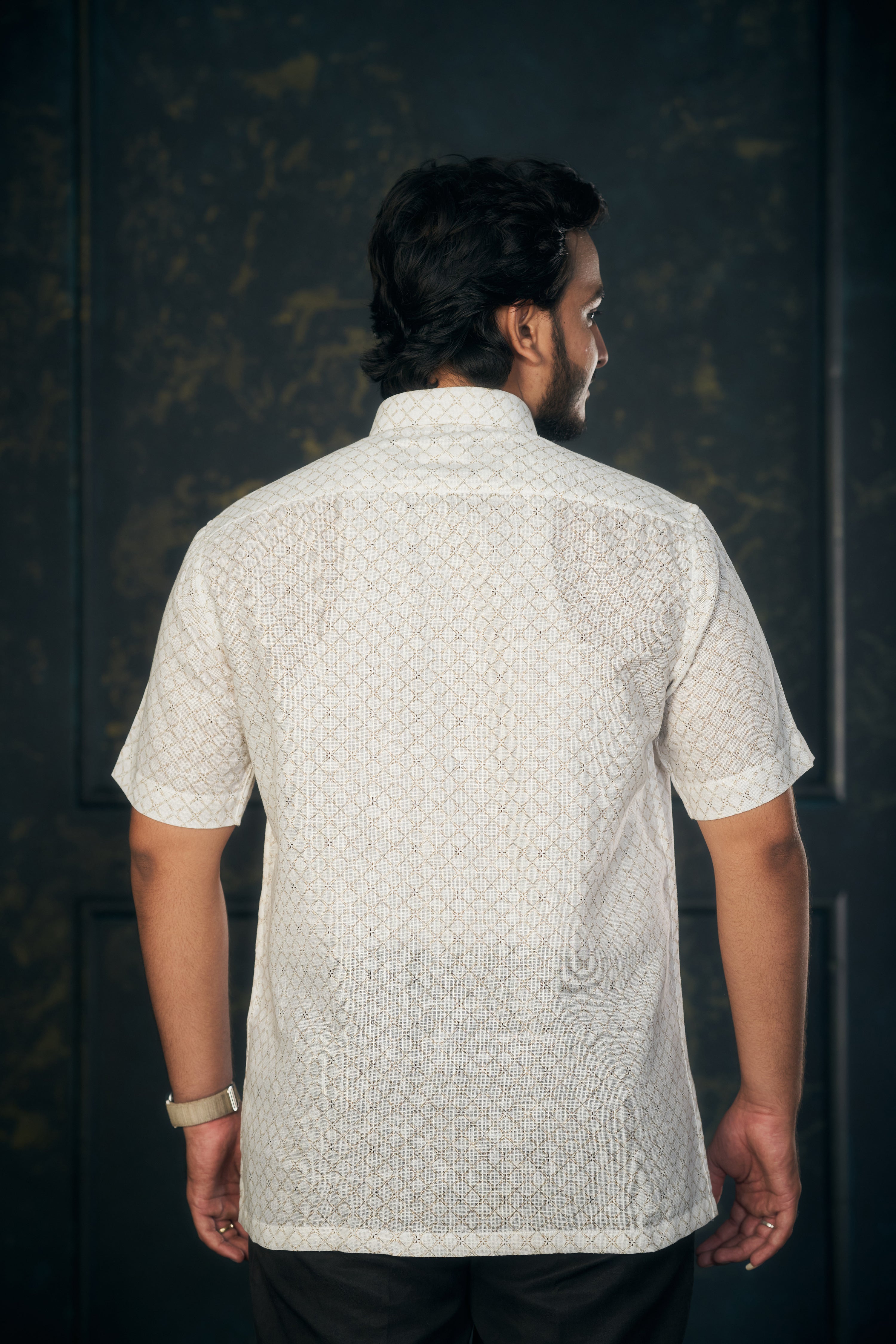 Mensoline White Luxe Geo Cotton Linen Shirt.(Light Gold)