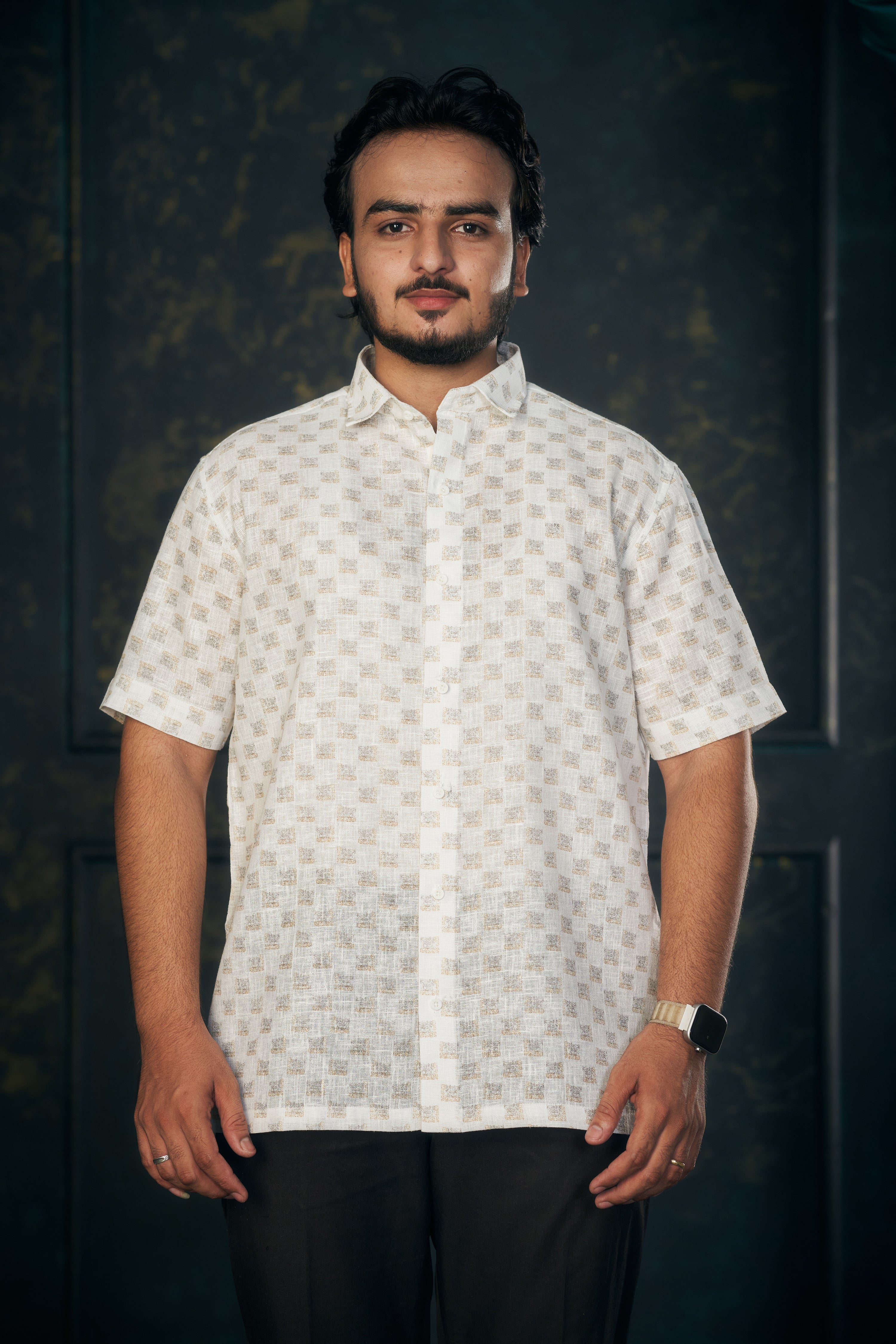 Mensoline Gold Box Pattern Cotton Linen Shirt Regular Fit.