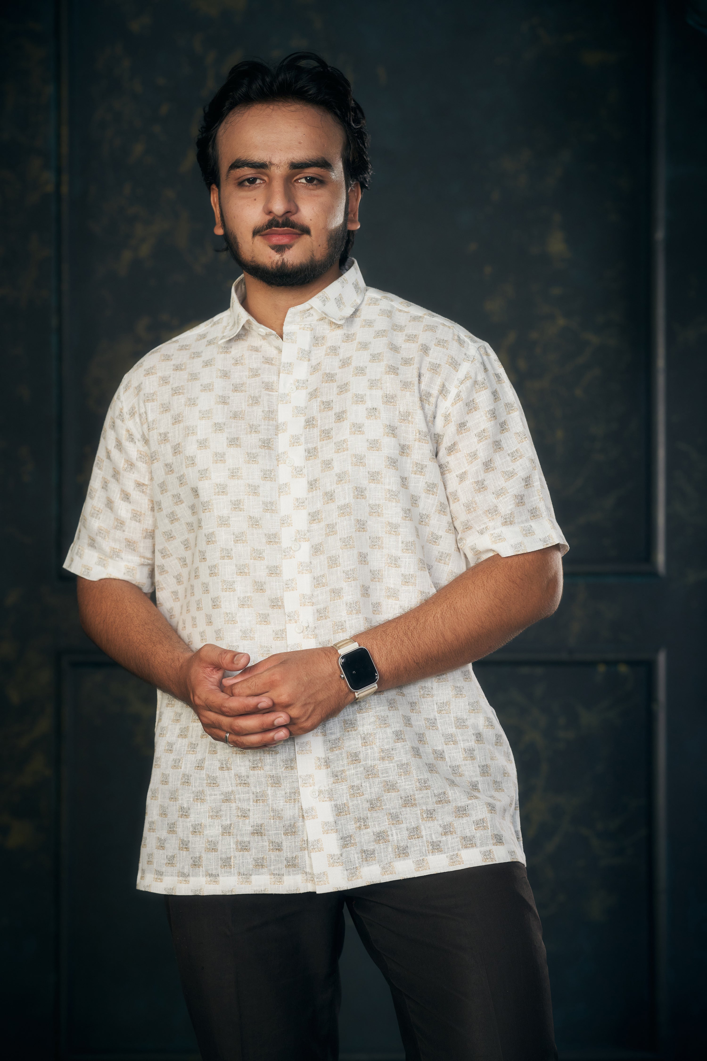 Mensoline Gold Box Pattern Cotton Linen Shirt Regular Fit.