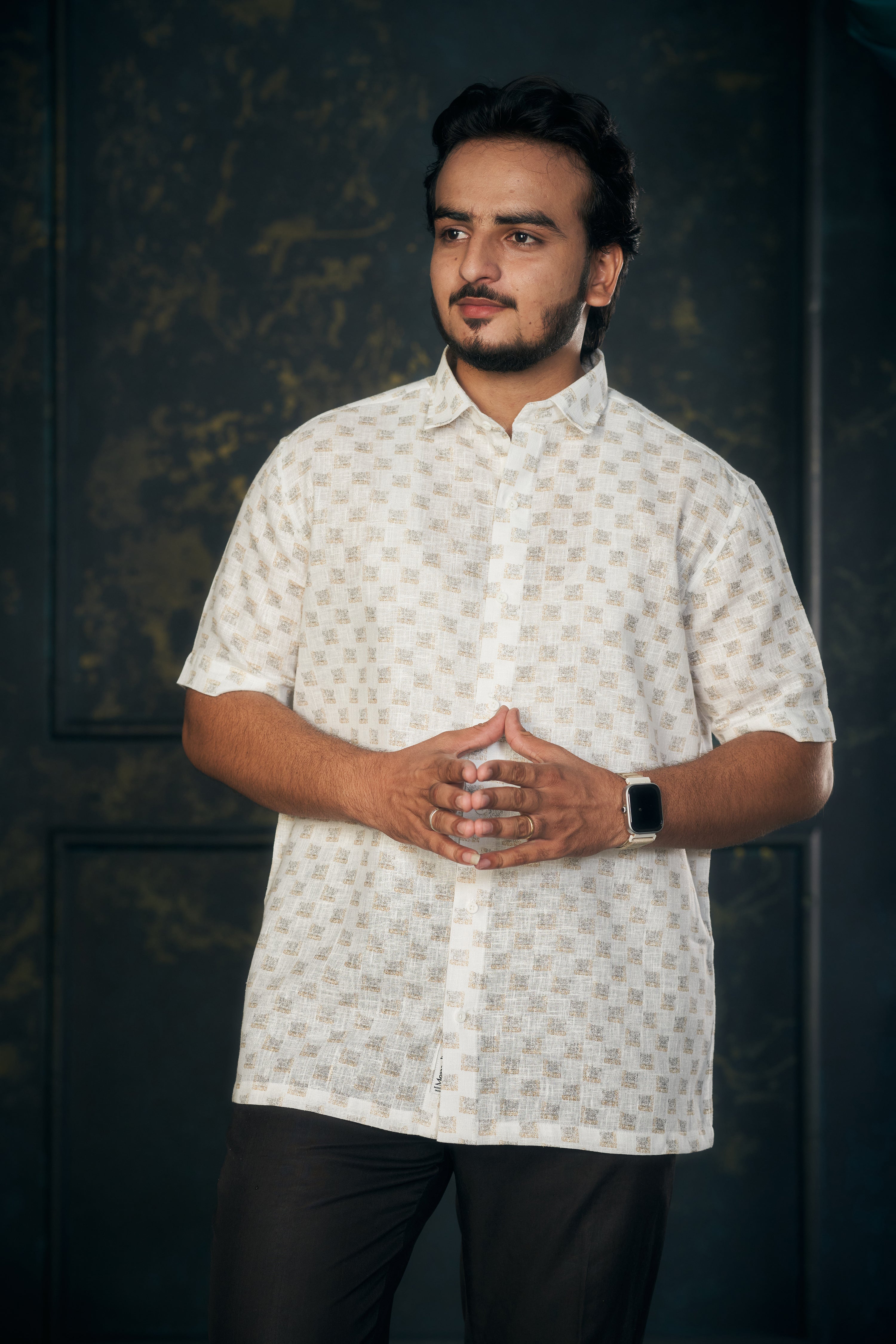 Mensoline Gold Box Pattern Cotton Linen Shirt Regular Fit.