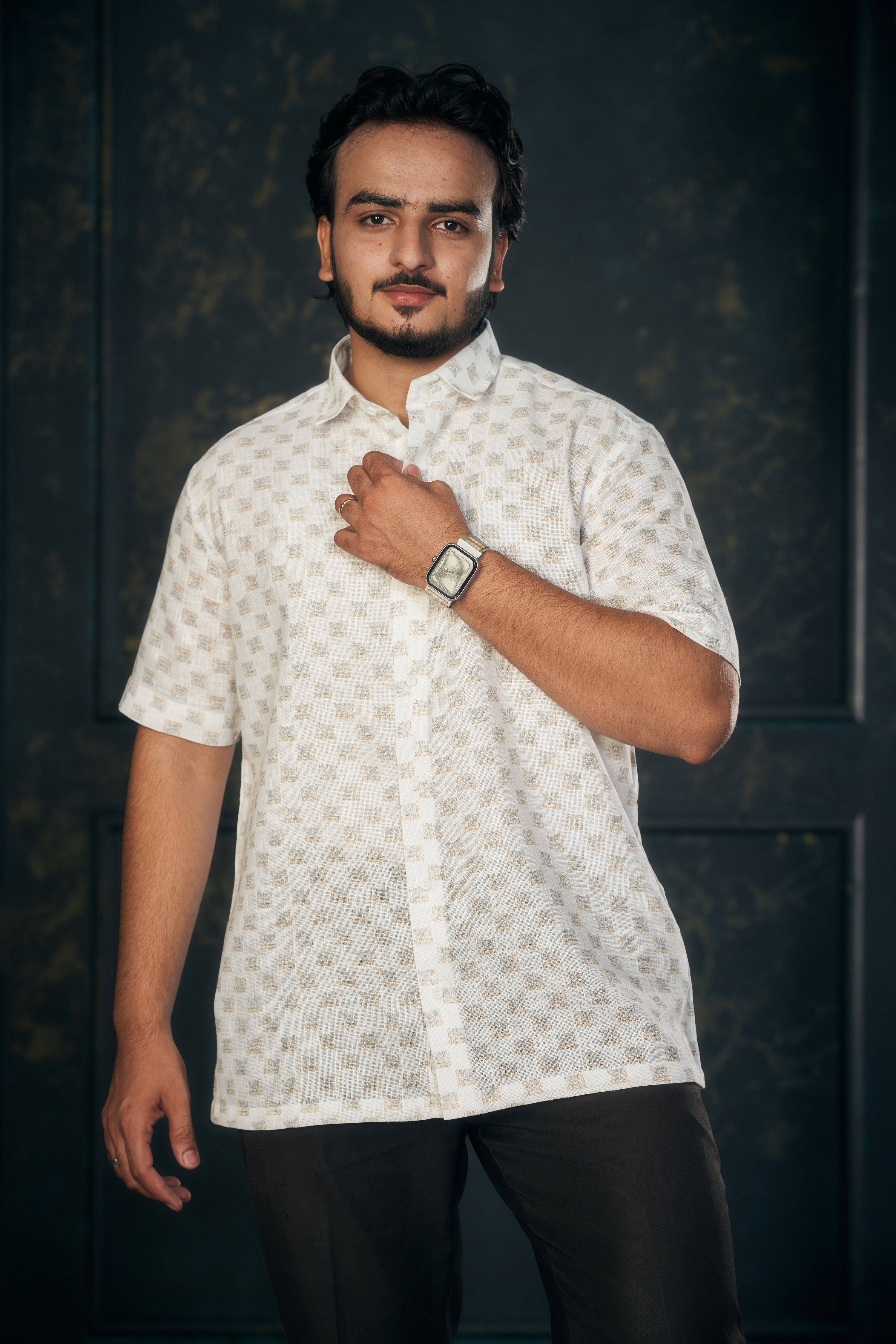 Mensoline Gold Box Pattern Cotton Linen Shirt Regular Fit.