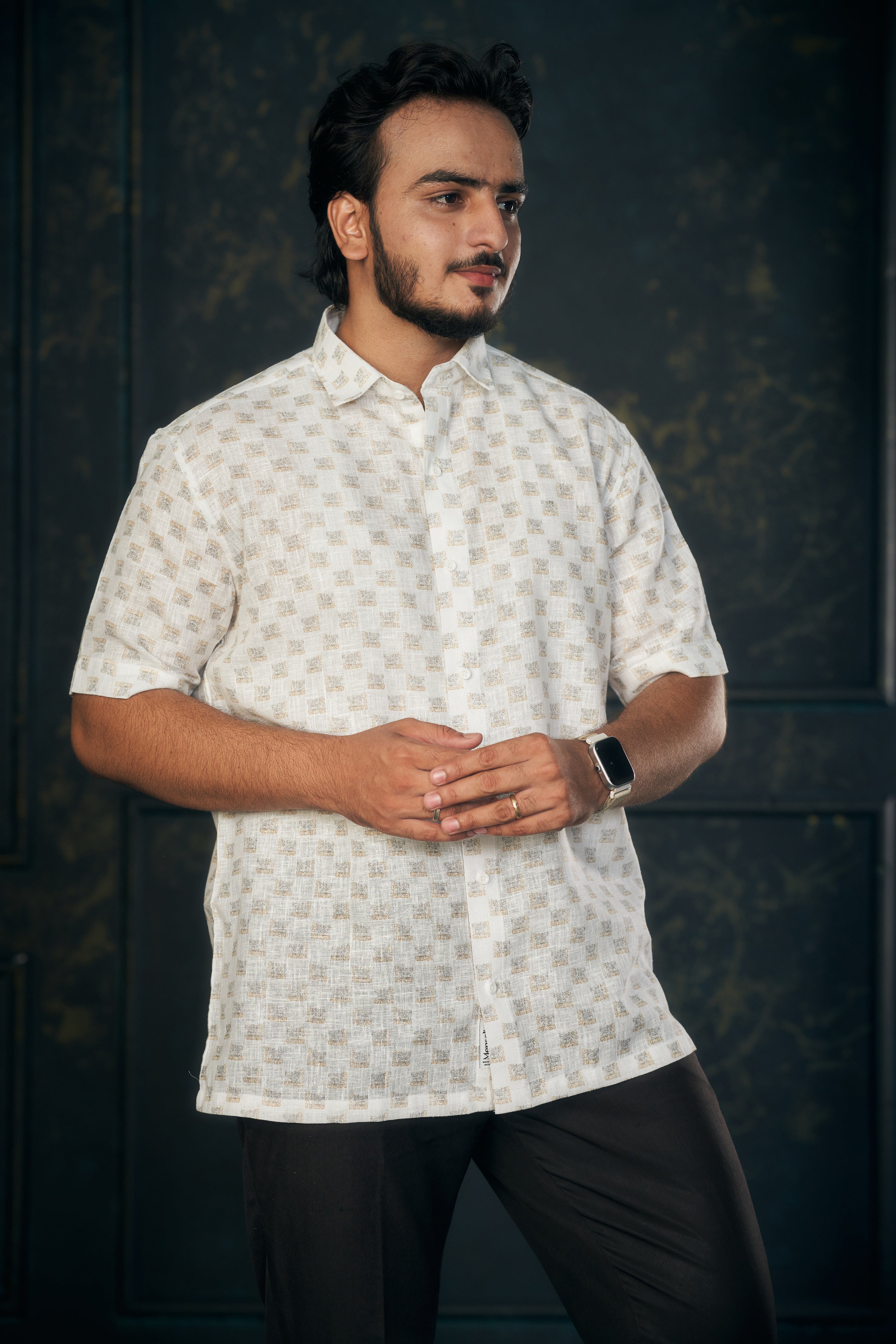 Mensoline Gold Box Pattern Cotton Linen Shirt Regular Fit.