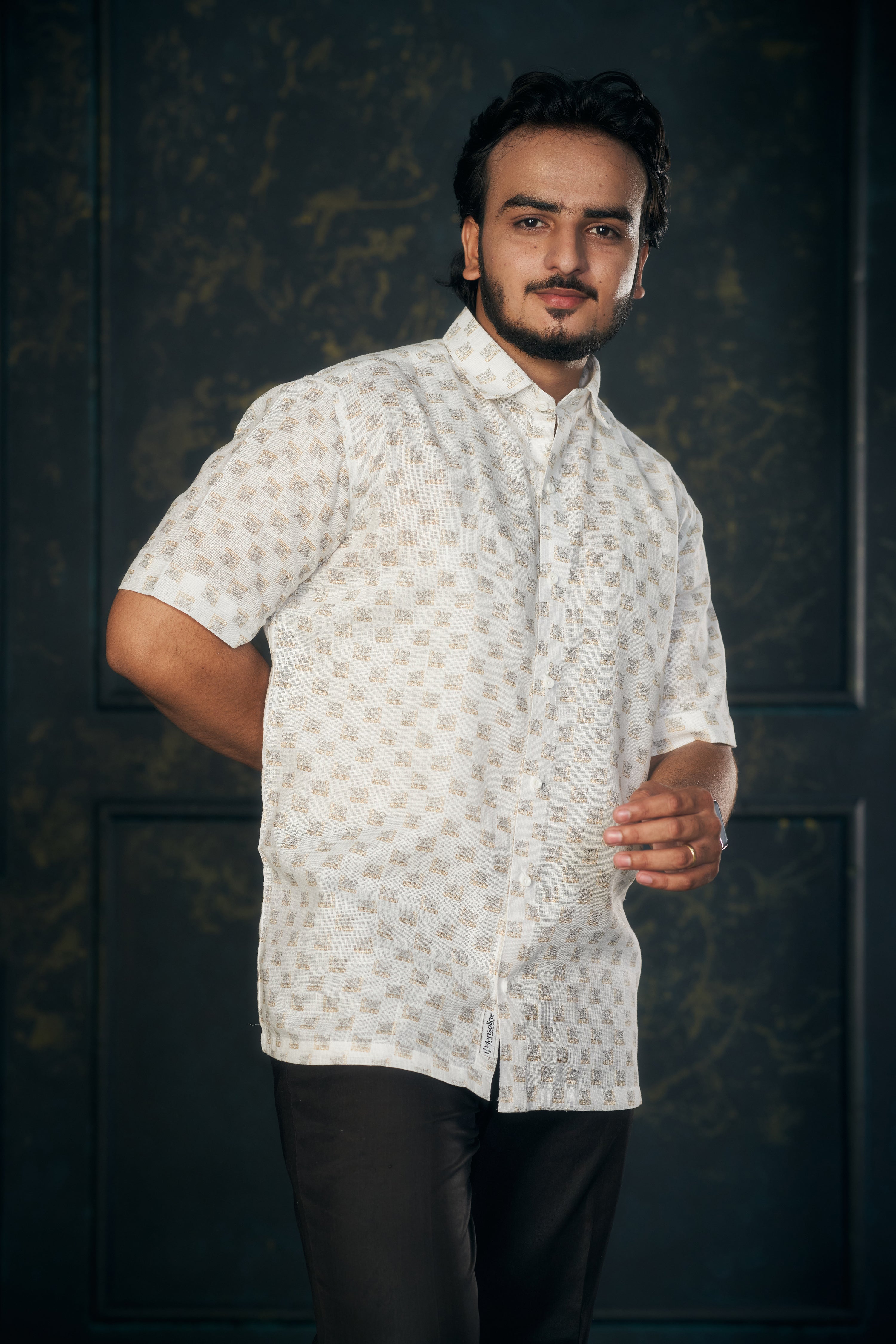 Mensoline Gold Box Pattern Cotton Linen Shirt Regular Fit.
