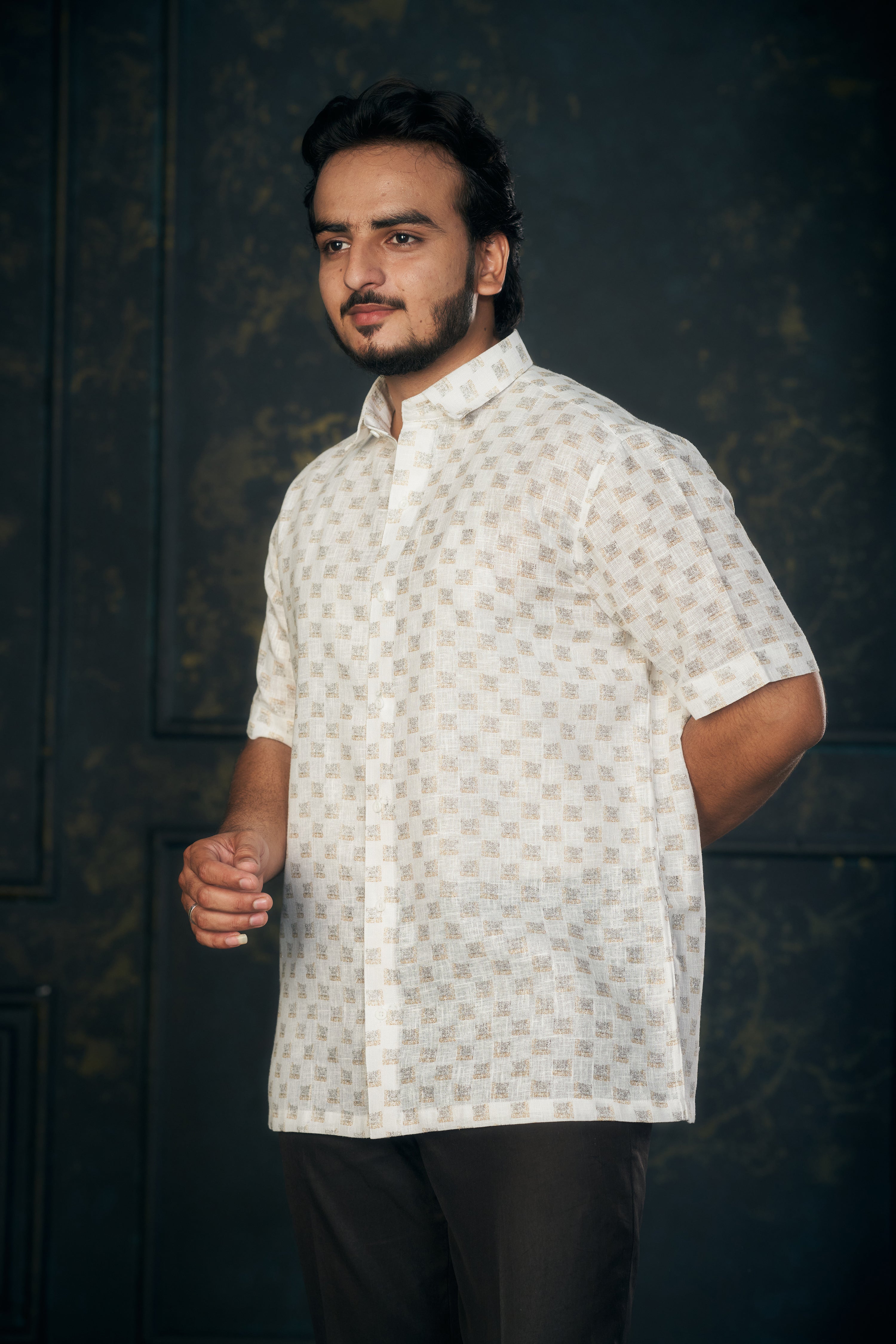 Mensoline Gold Box Pattern Cotton Linen Shirt Regular Fit.