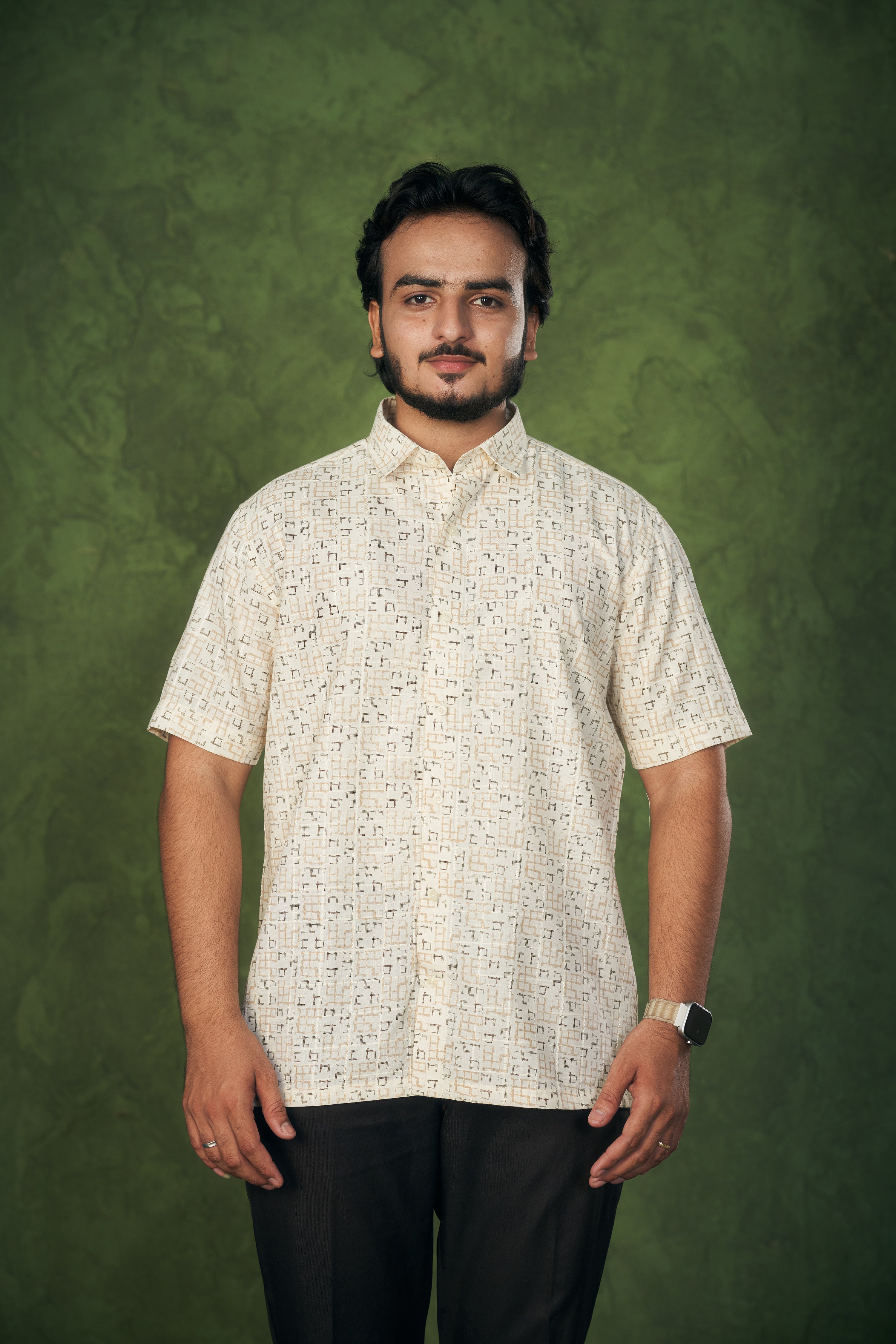 Mensoline Terra Grid Printed Shirt – Soft Beige Edition.