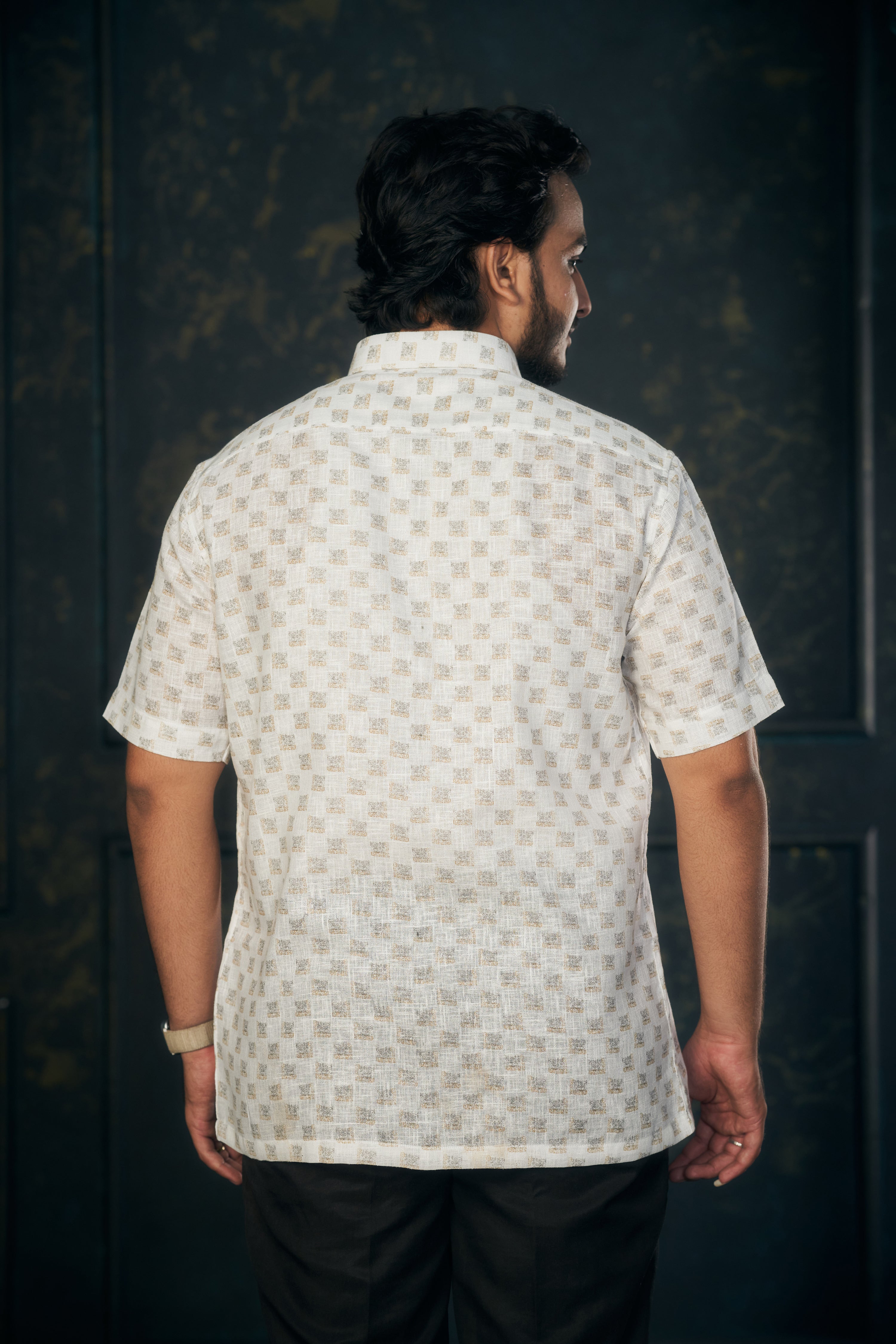 Mensoline Gold Box Pattern Cotton Linen Shirt Regular Fit.