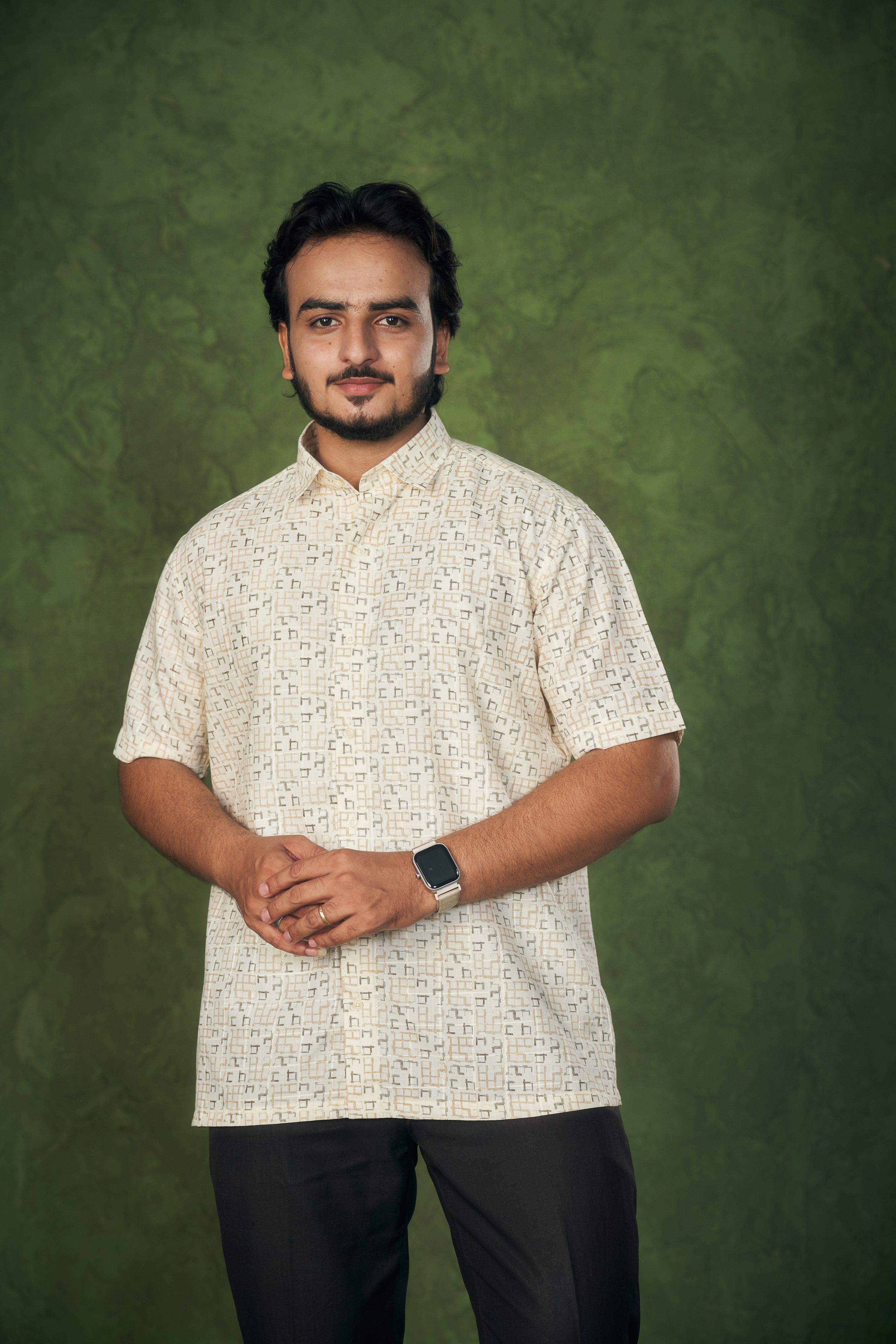Mensoline Terra Grid Printed Shirt – Soft Beige Edition.
