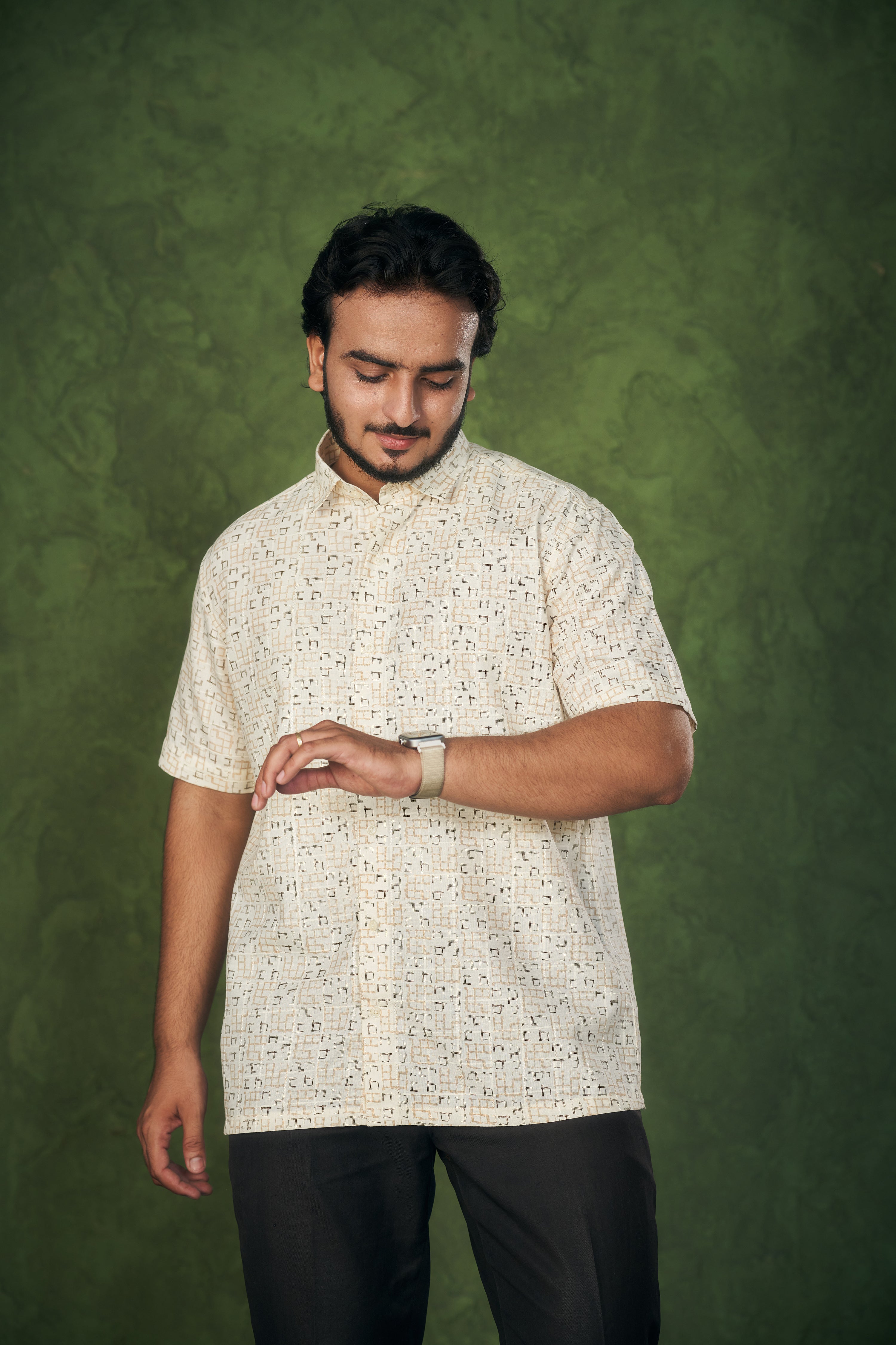 Mensoline Terra Grid Printed Shirt – Soft Beige Edition.