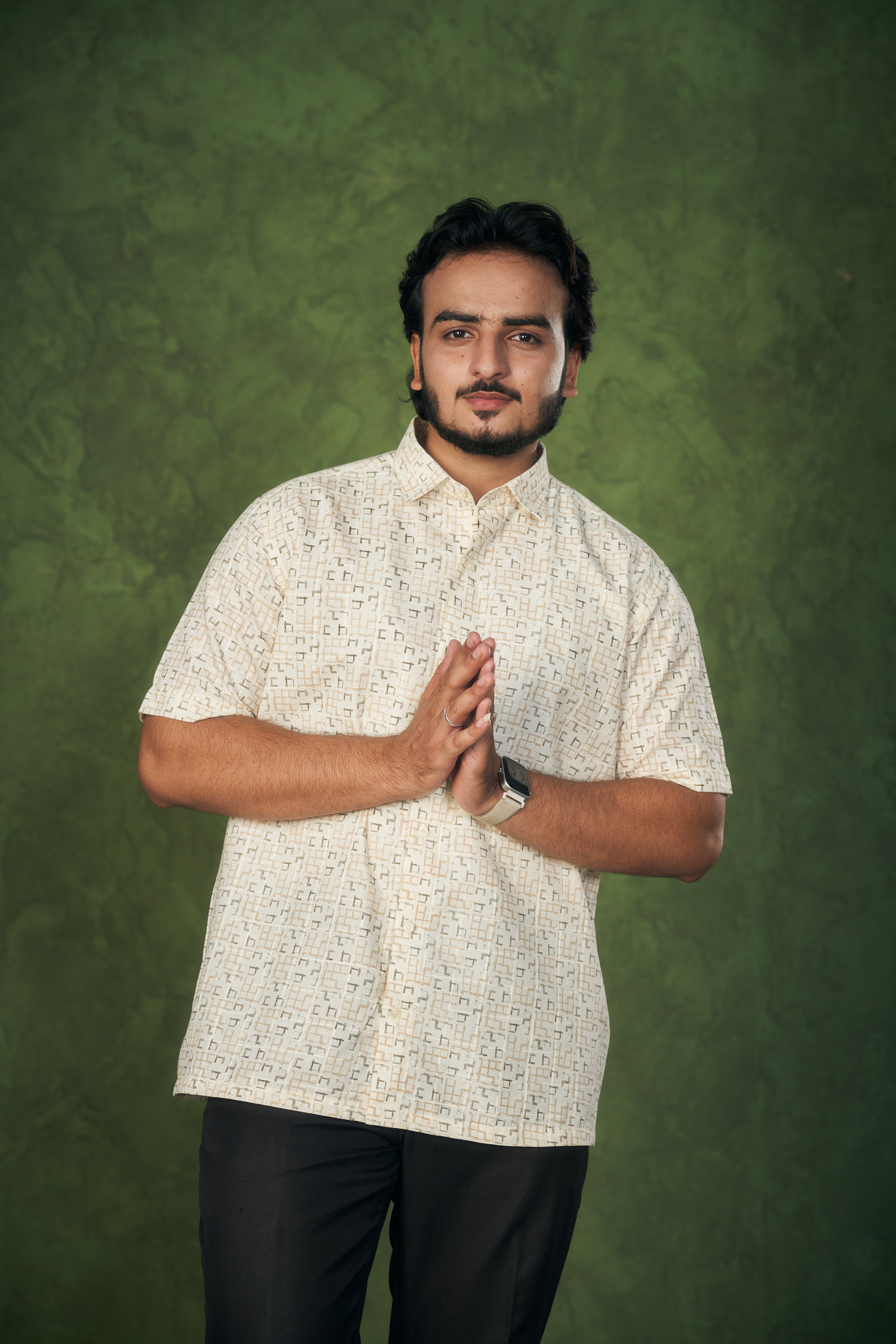 Mensoline Terra Grid Printed Shirt – Soft Beige Edition.