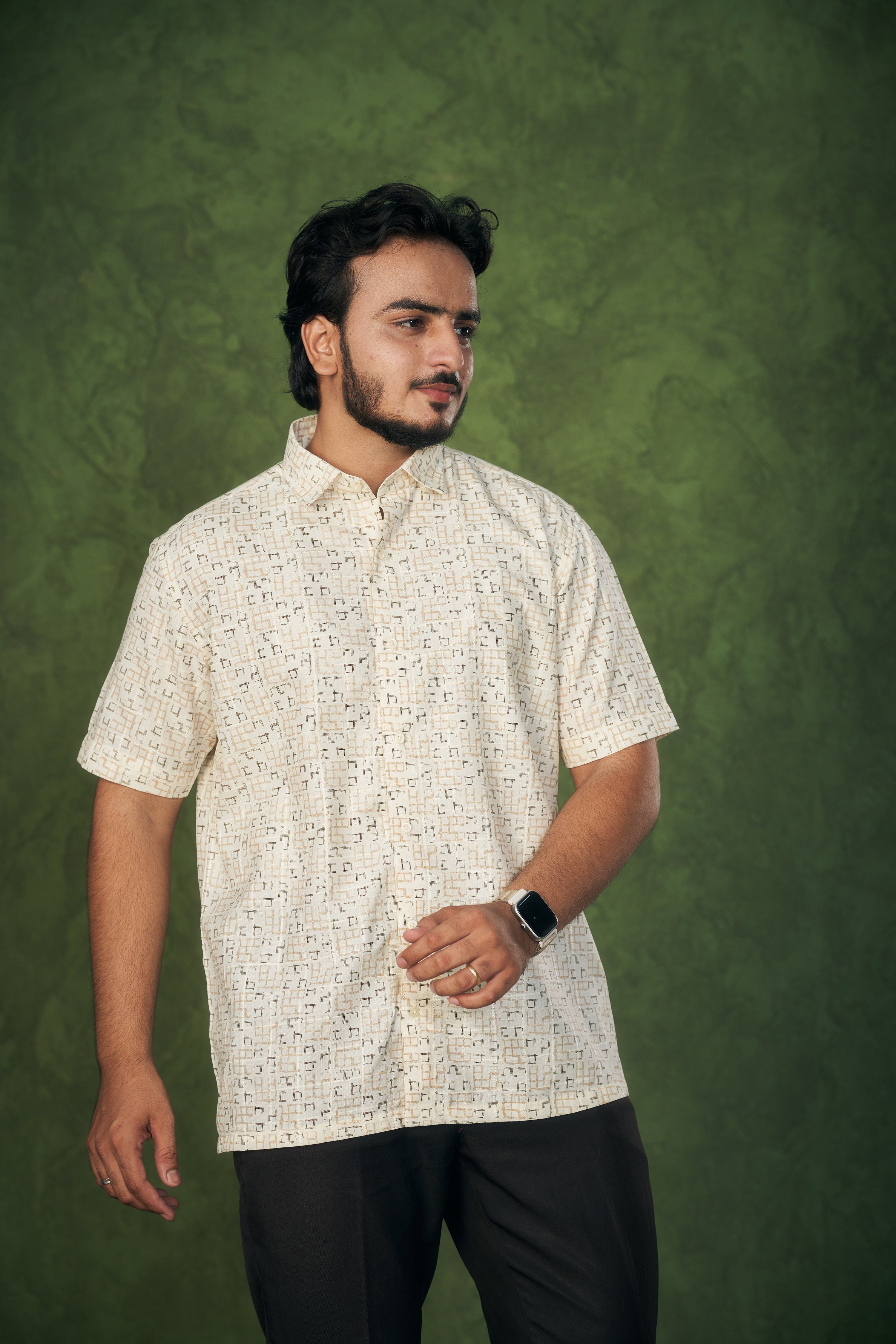 Mensoline Terra Grid Printed Shirt – Soft Beige Edition.