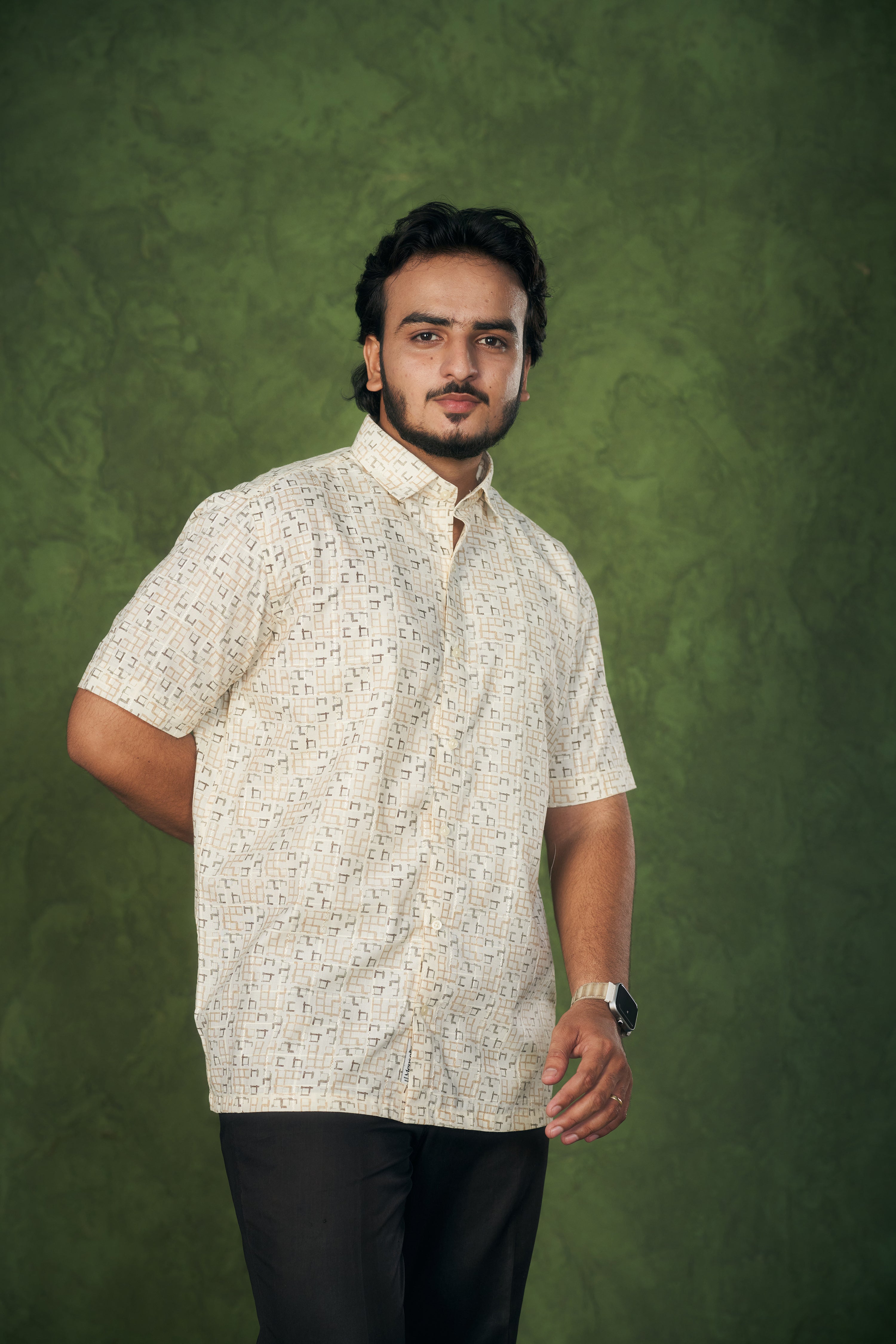 Mensoline Terra Grid Printed Shirt – Soft Beige Edition.