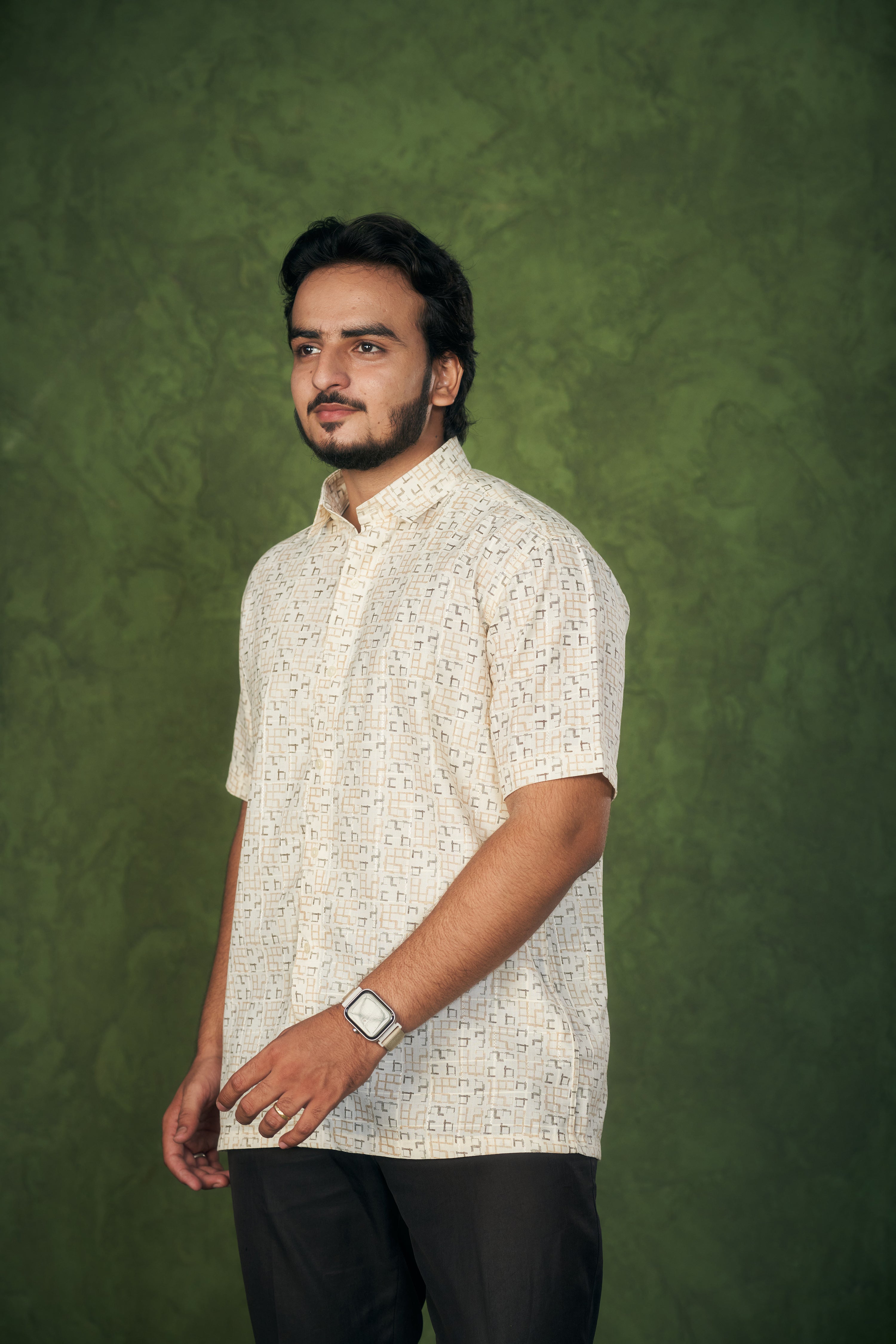Mensoline Terra Grid Printed Shirt – Soft Beige Edition.