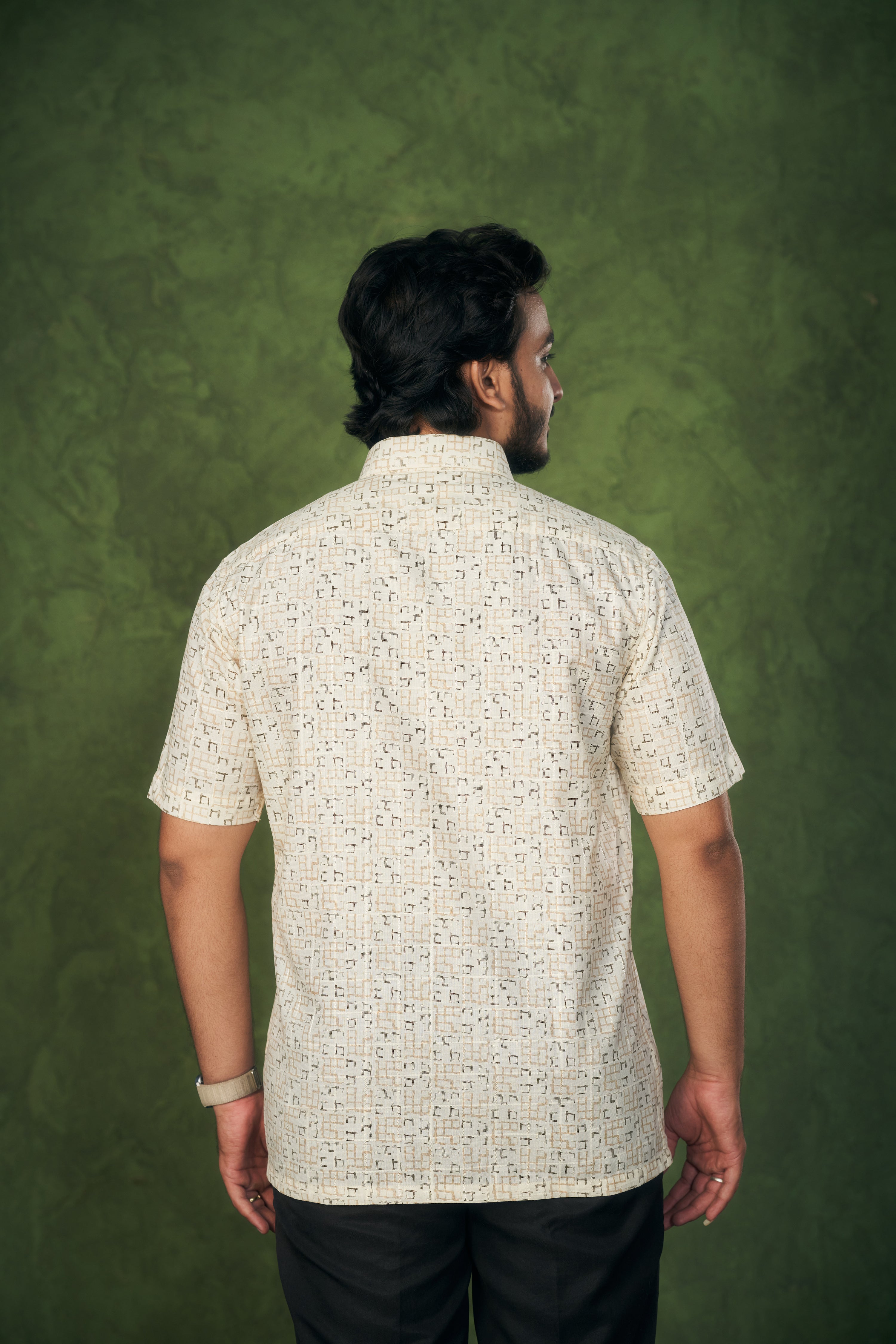 Mensoline Terra Grid Printed Shirt – Soft Beige Edition.