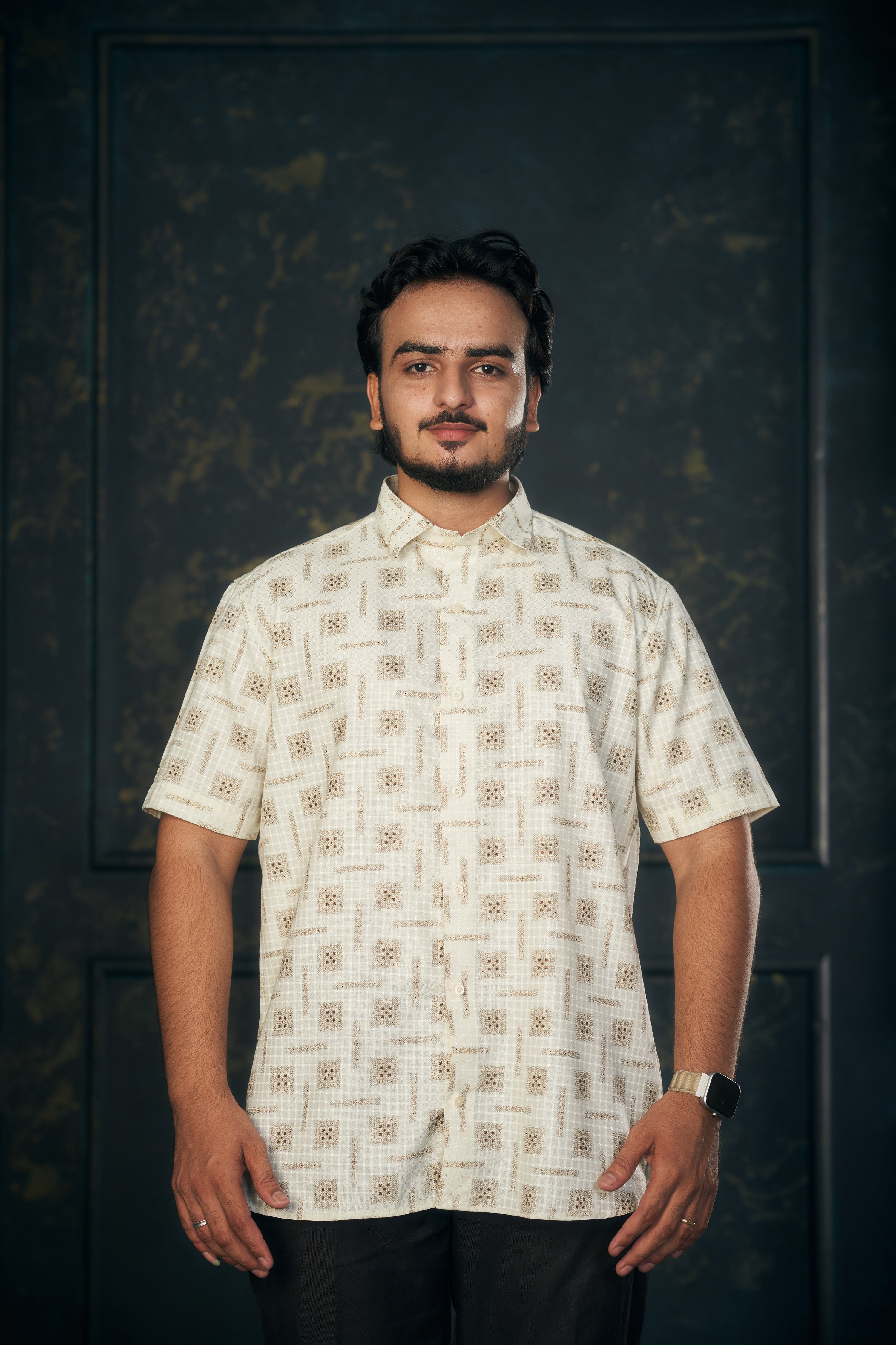 Mensoline Casual Shirt for Men – Golden Check-Dot Print.