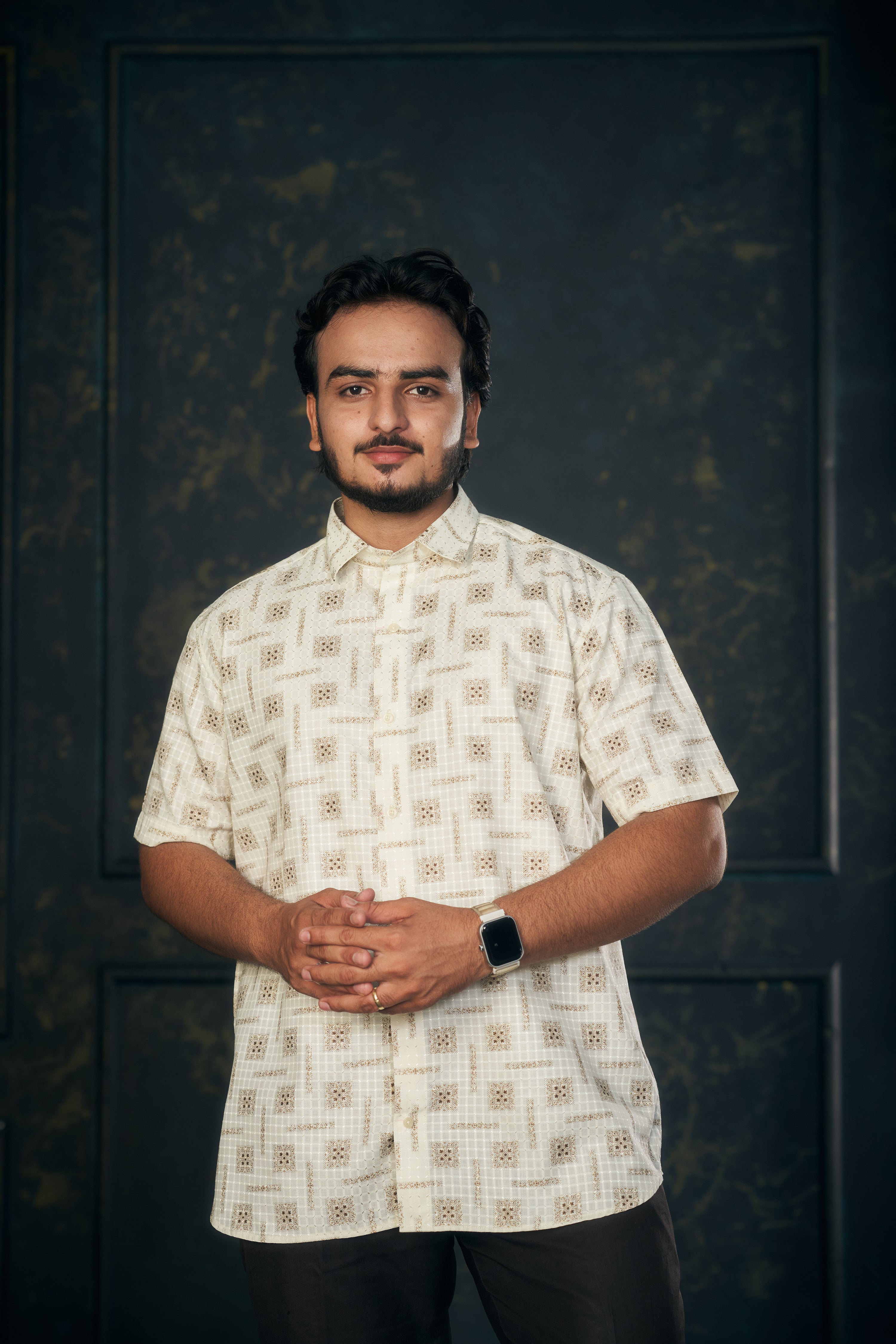 Mensoline Casual Shirt for Men – Golden Check-Dot Print.