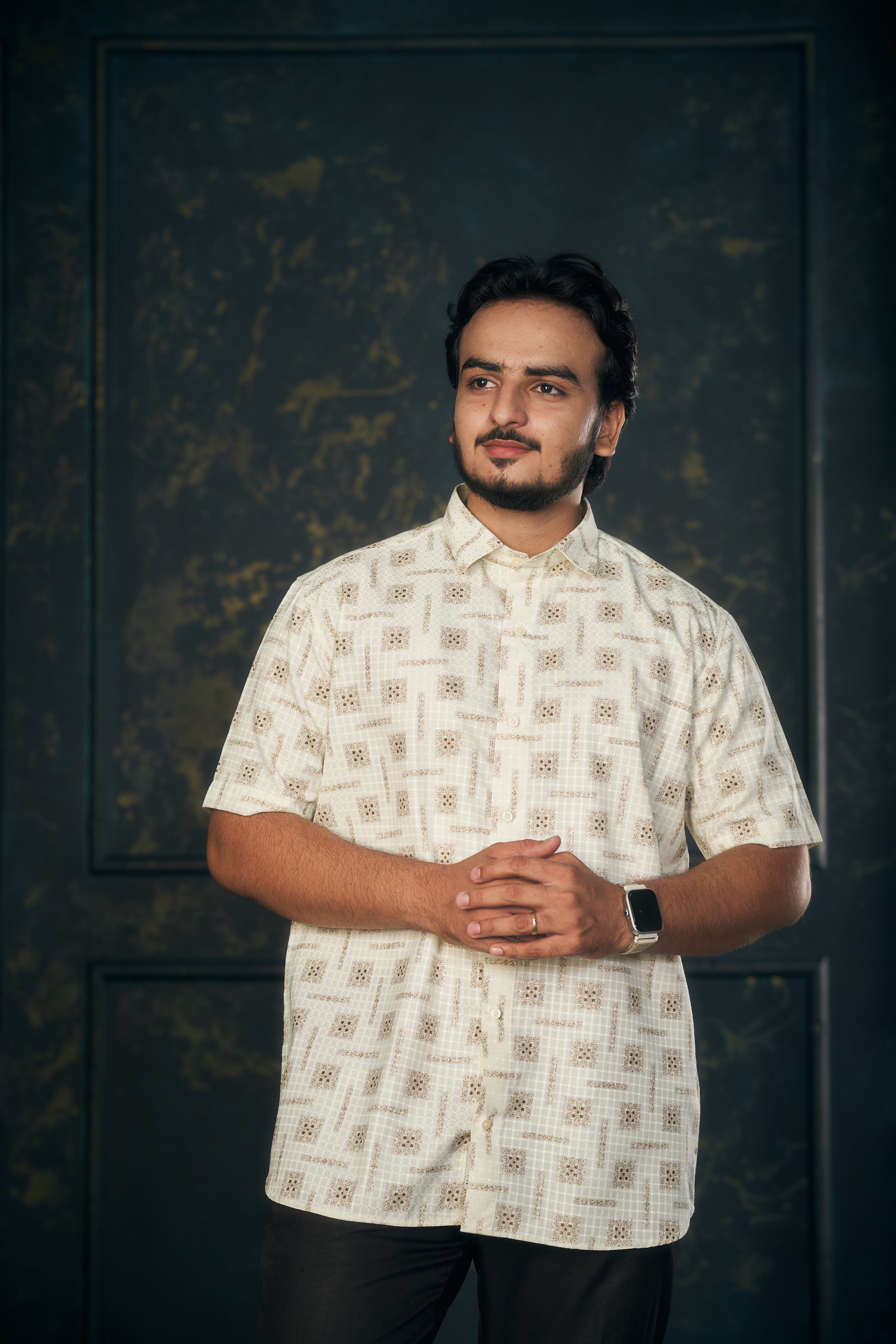 Mensoline Casual Shirt for Men – Golden Check-Dot Print.