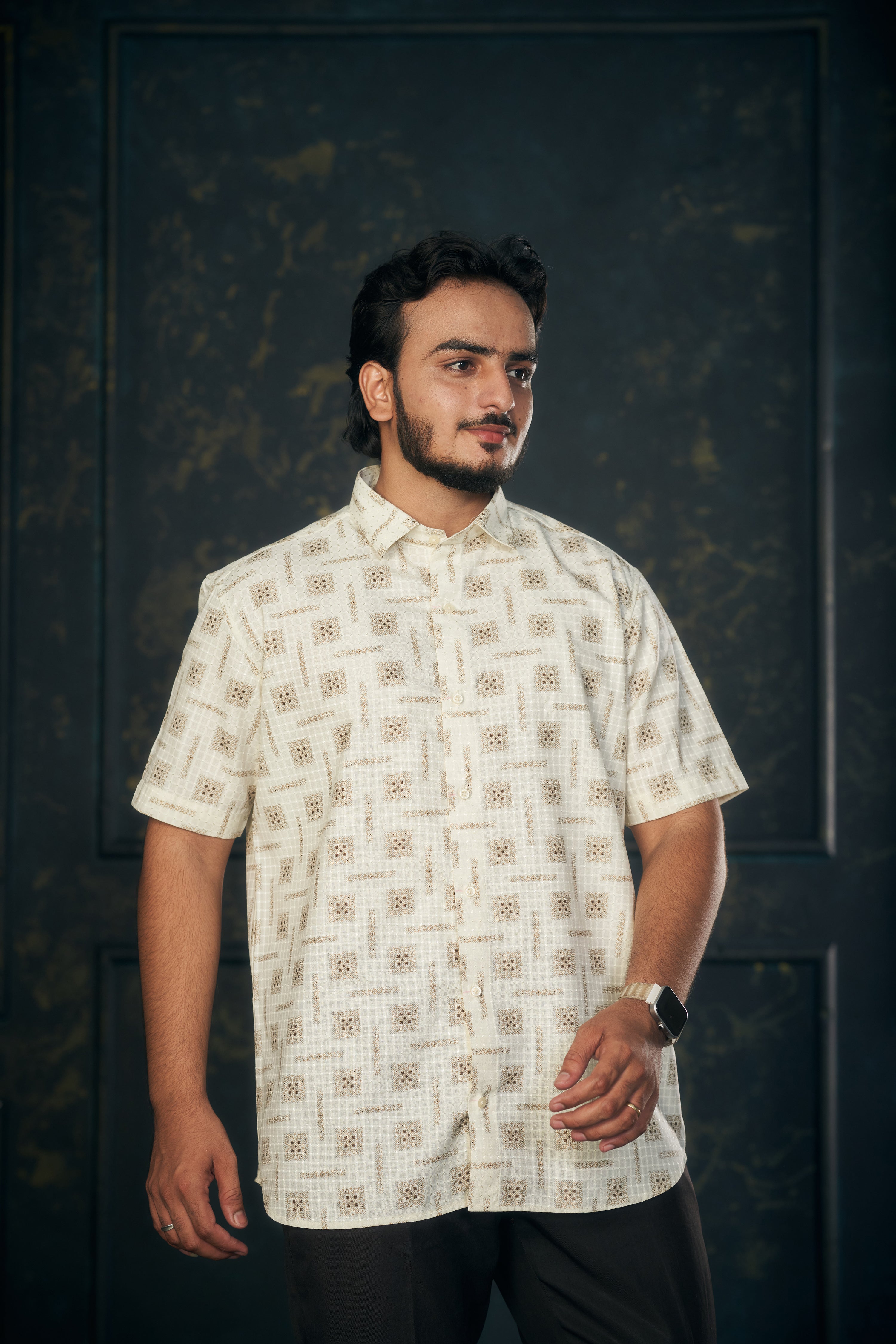 Mensoline Casual Shirt for Men – Golden Check-Dot Print.