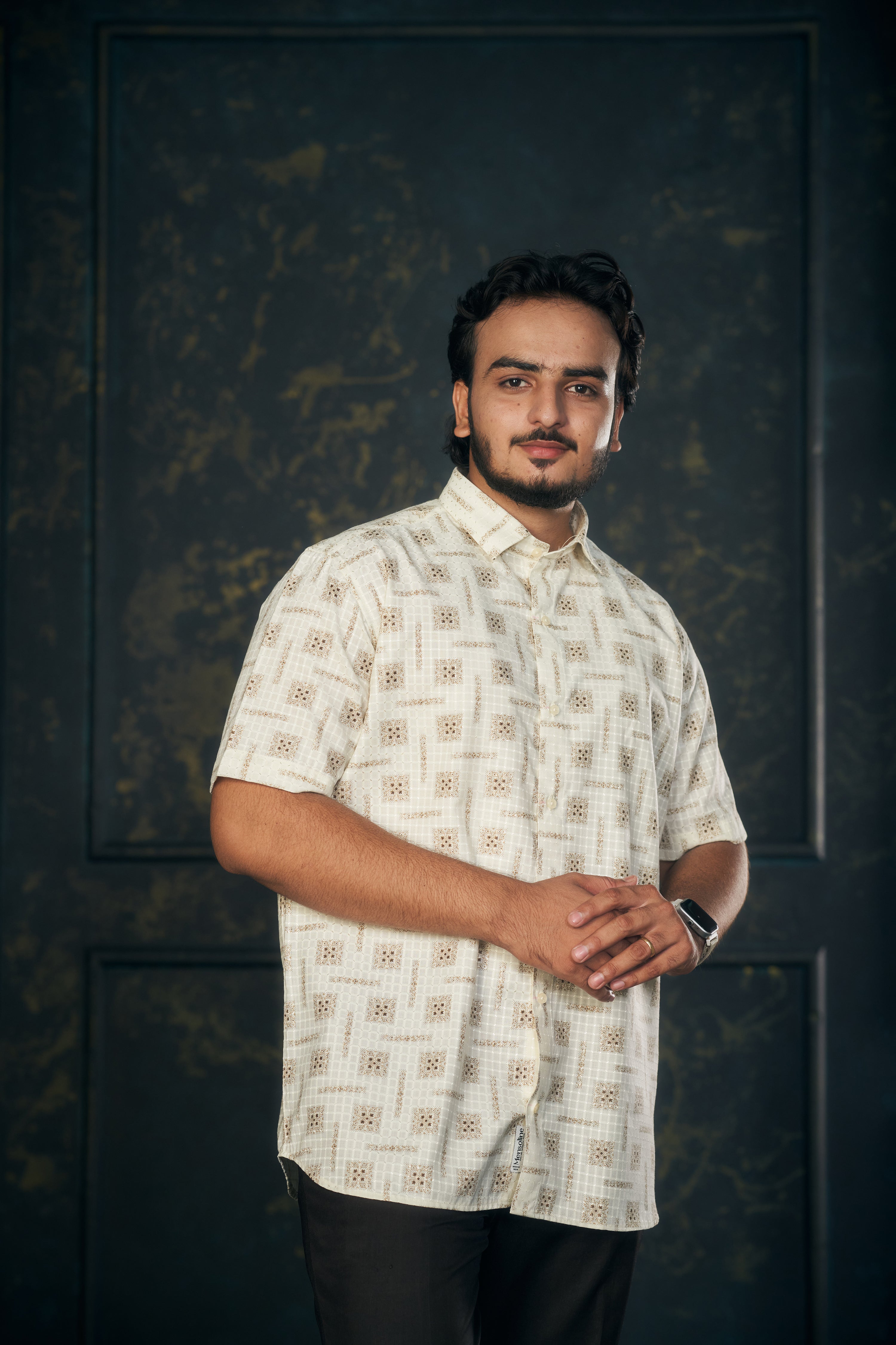 Mensoline Casual Shirt for Men – Golden Check-Dot Print.