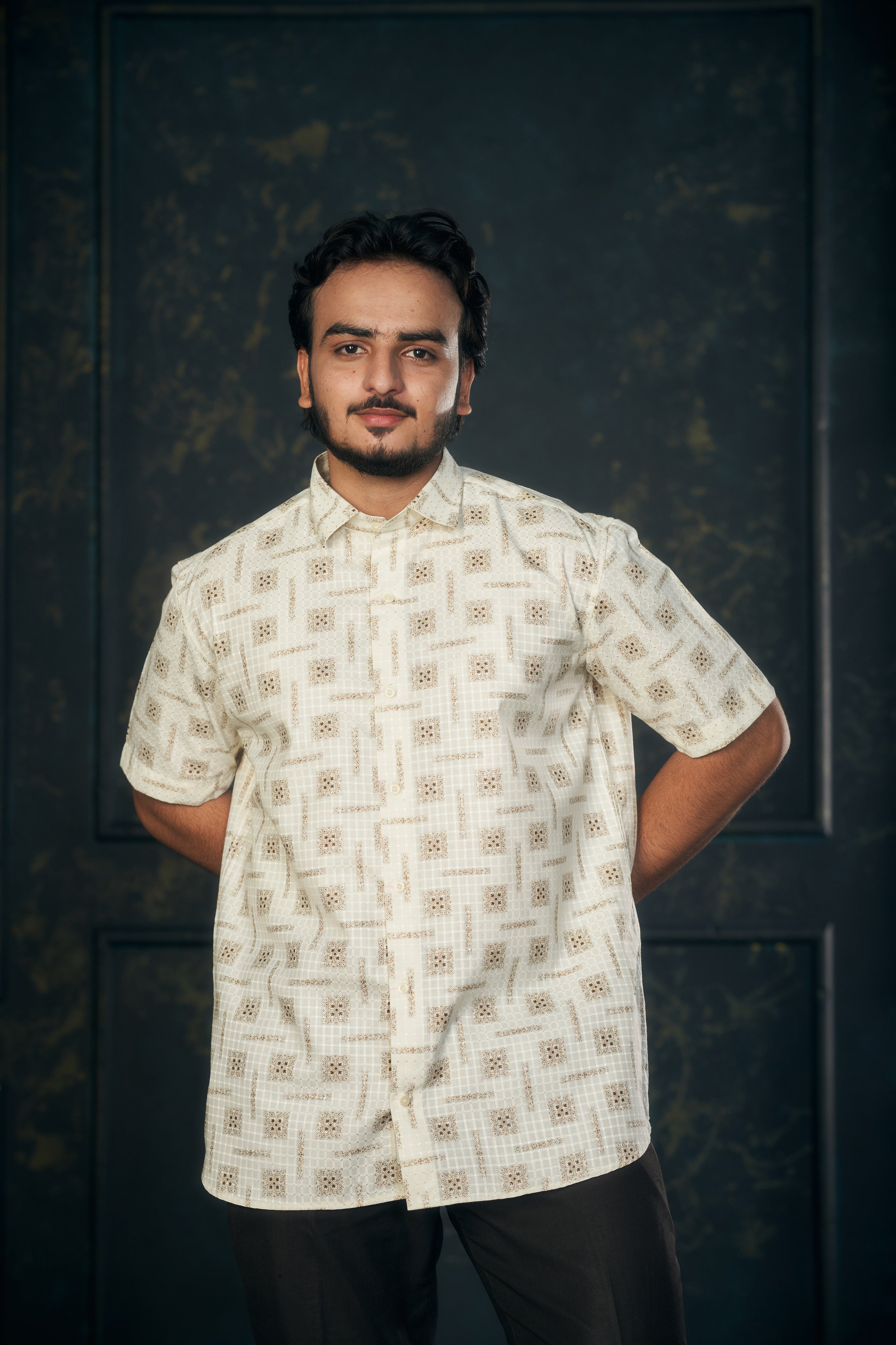 Mensoline Casual Shirt for Men – Golden Check-Dot Print.