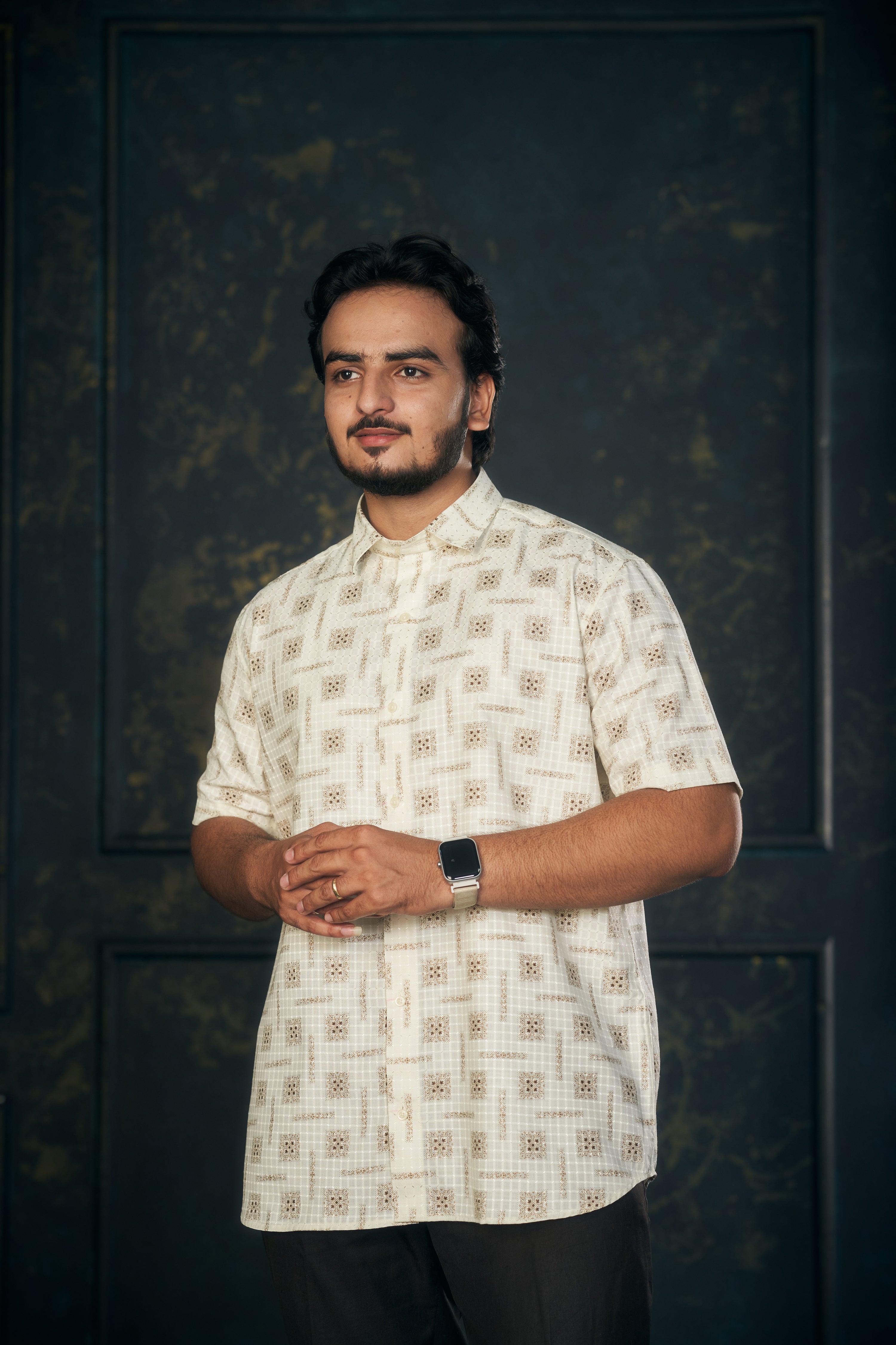 Mensoline Casual Shirt for Men – Golden Check-Dot Print.