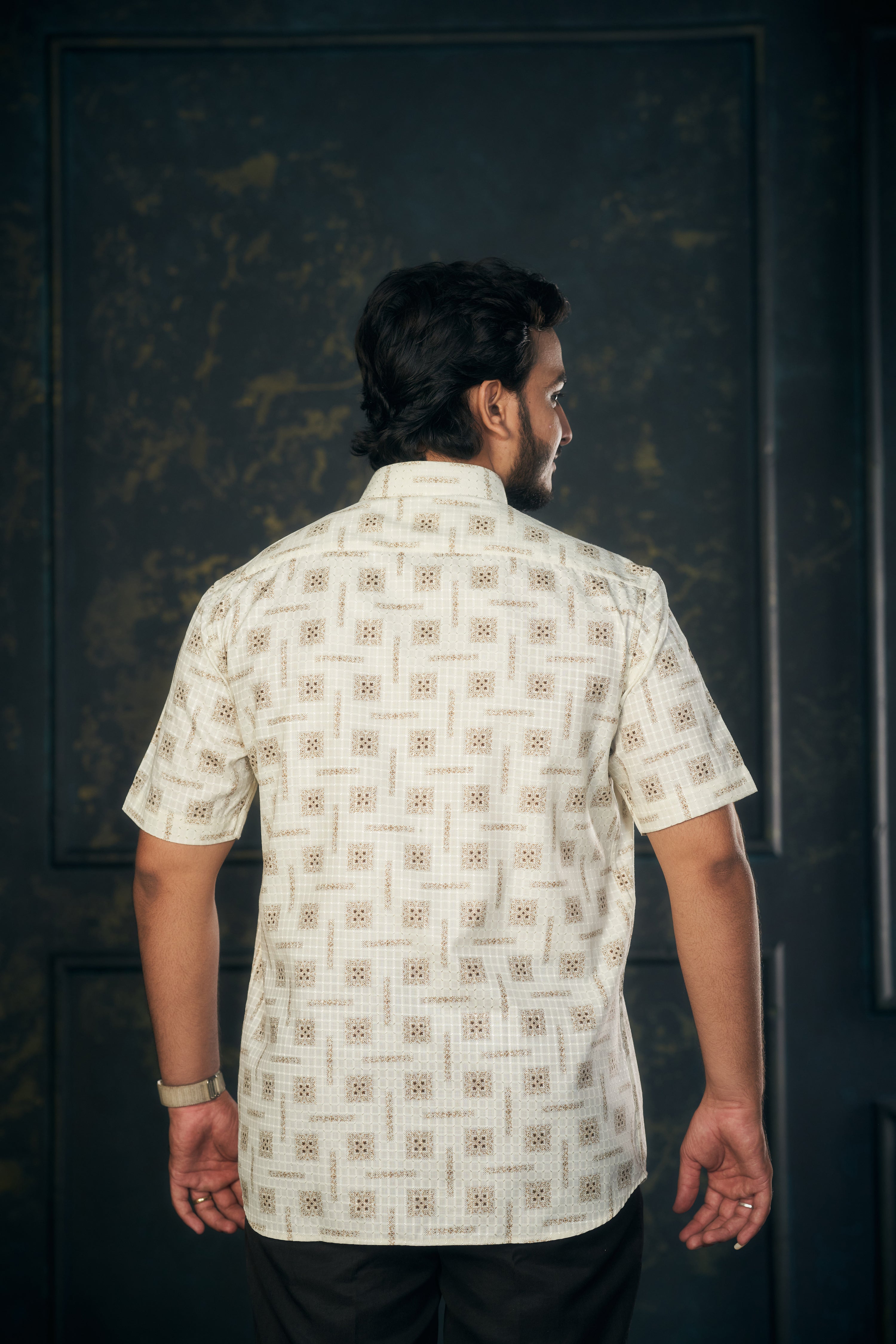 Mensoline Casual Shirt for Men – Golden Check-Dot Print.