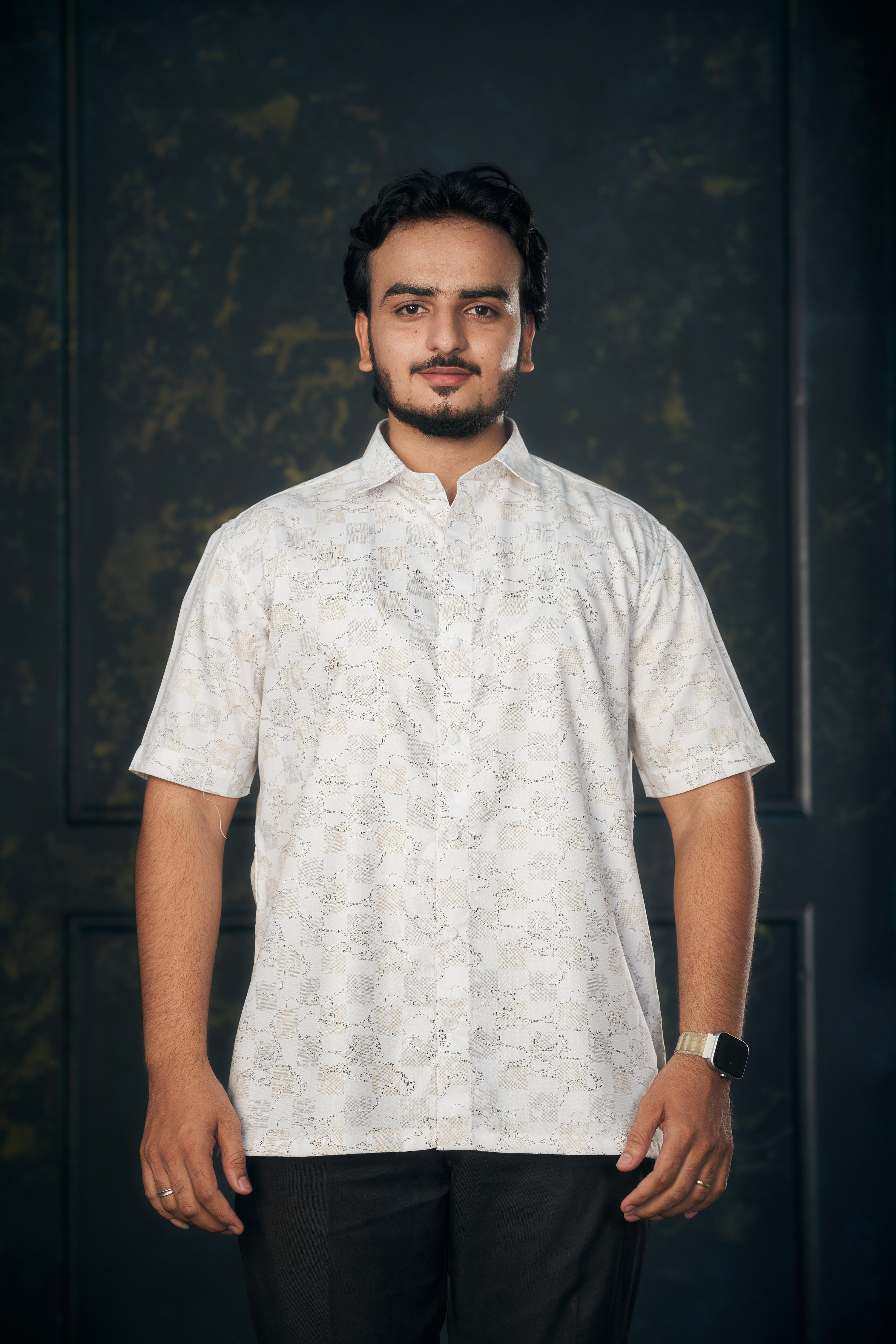 Mensoline Men's Shirt with Gold-Grey Checks & Abstract Print.