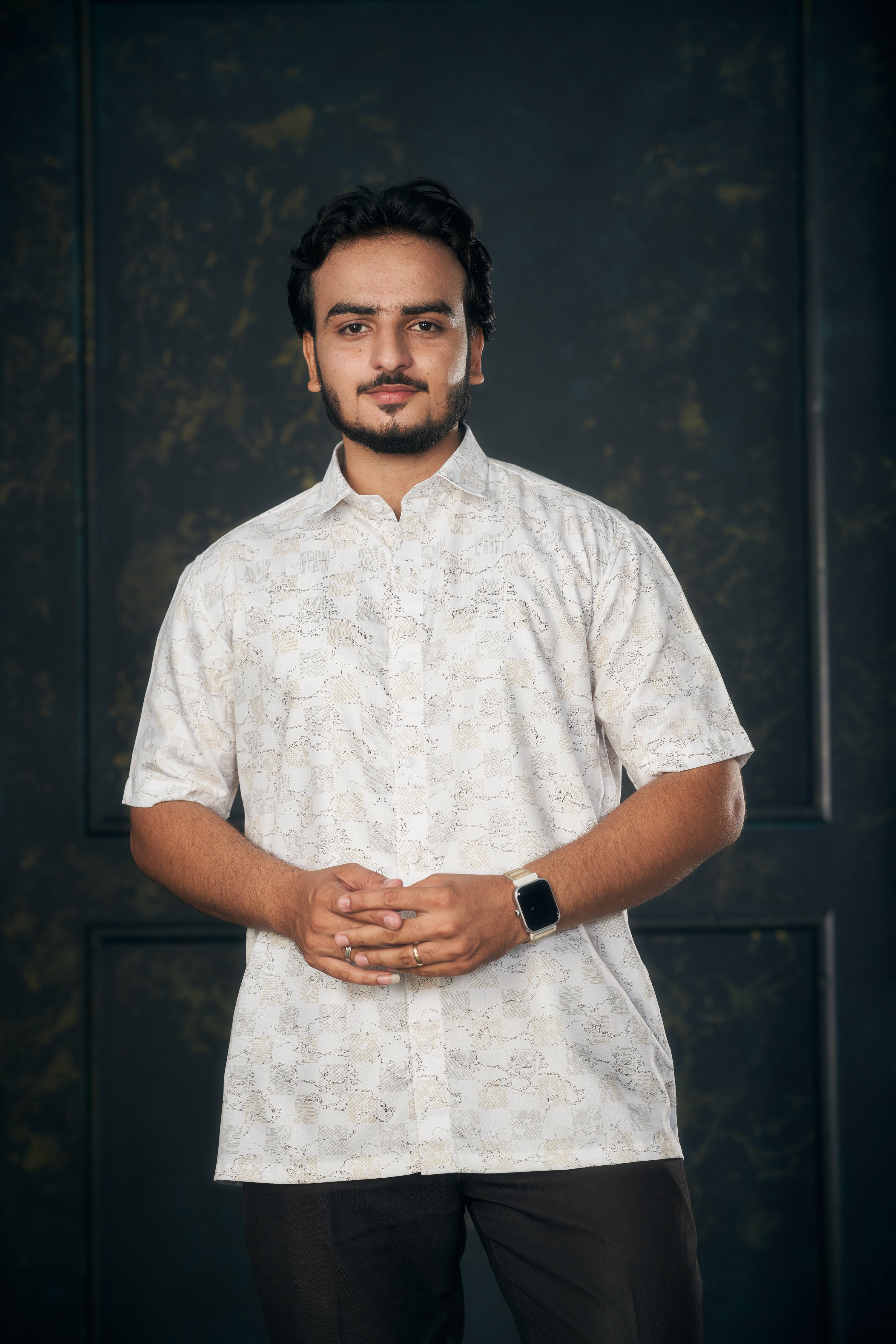 Mensoline Men's Shirt with Gold-Grey Checks & Abstract Print.