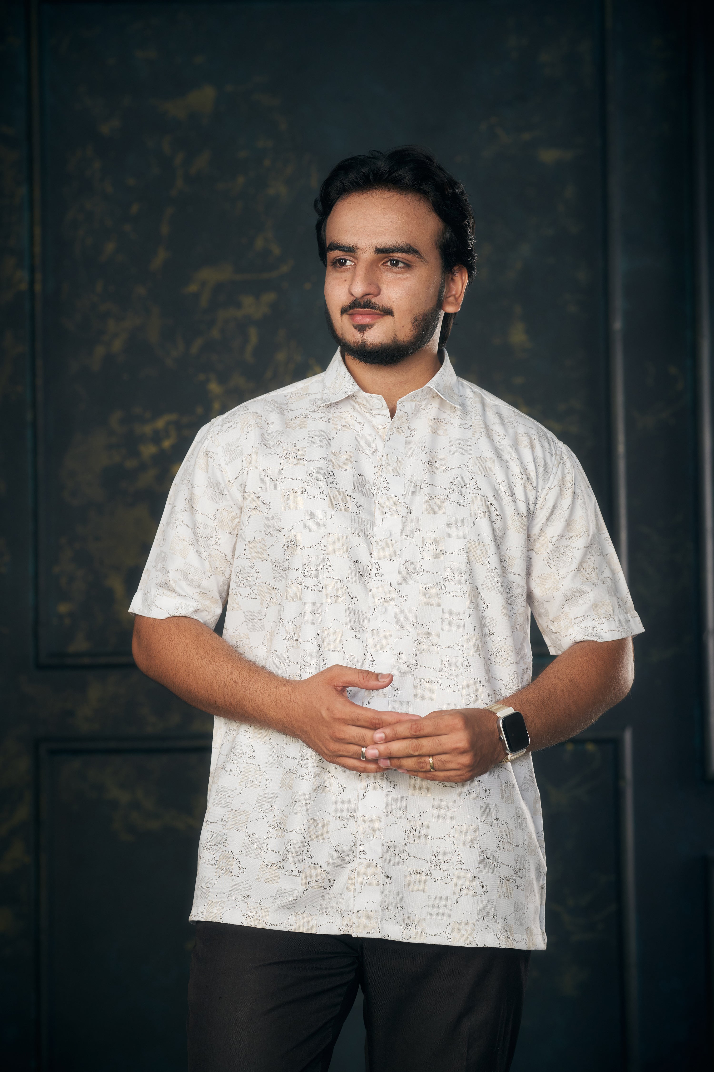 Mensoline Men's Shirt with Gold-Grey Checks & Abstract Print.