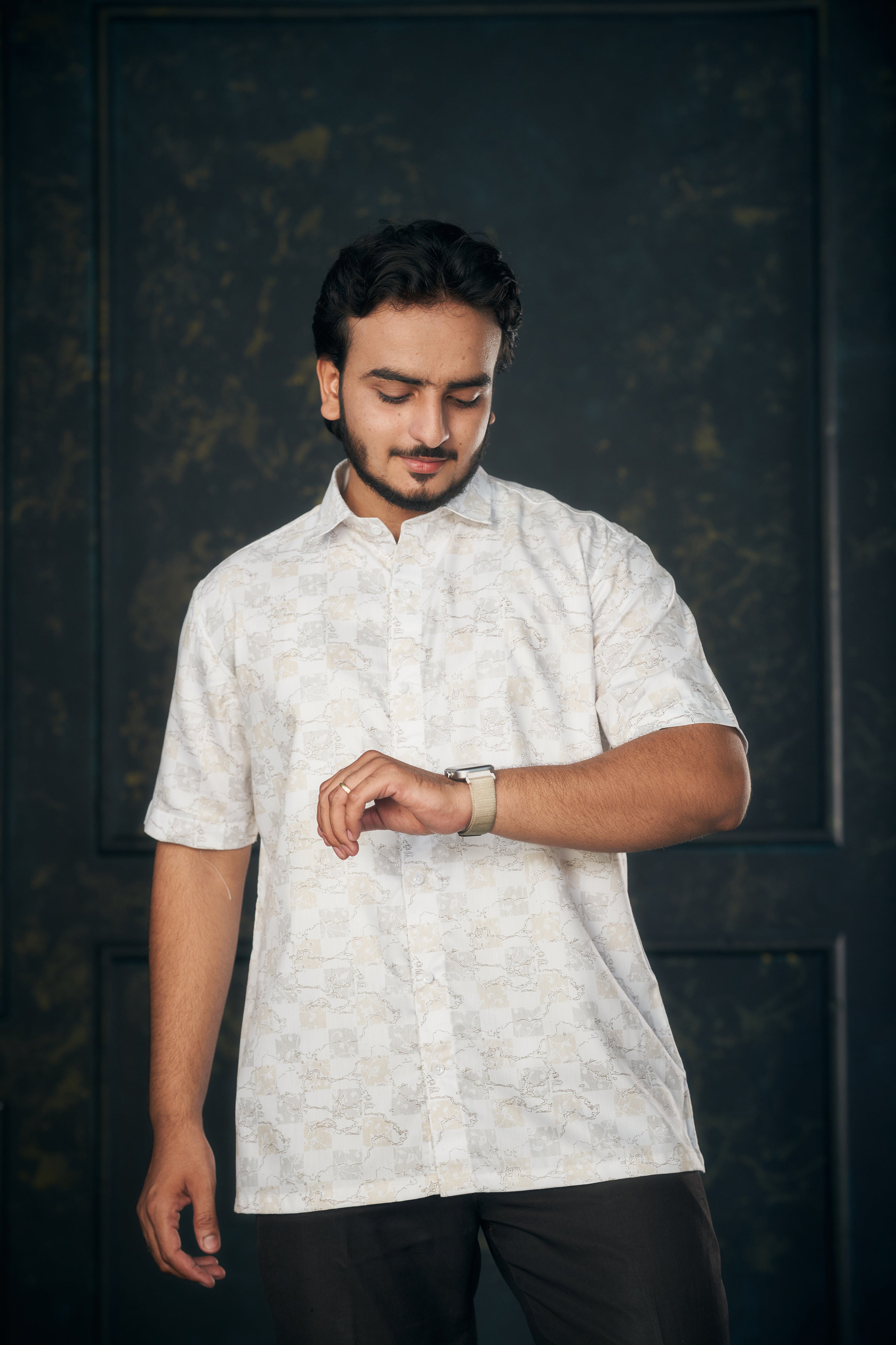 Mensoline Men's Shirt with Gold-Grey Checks & Abstract Print.