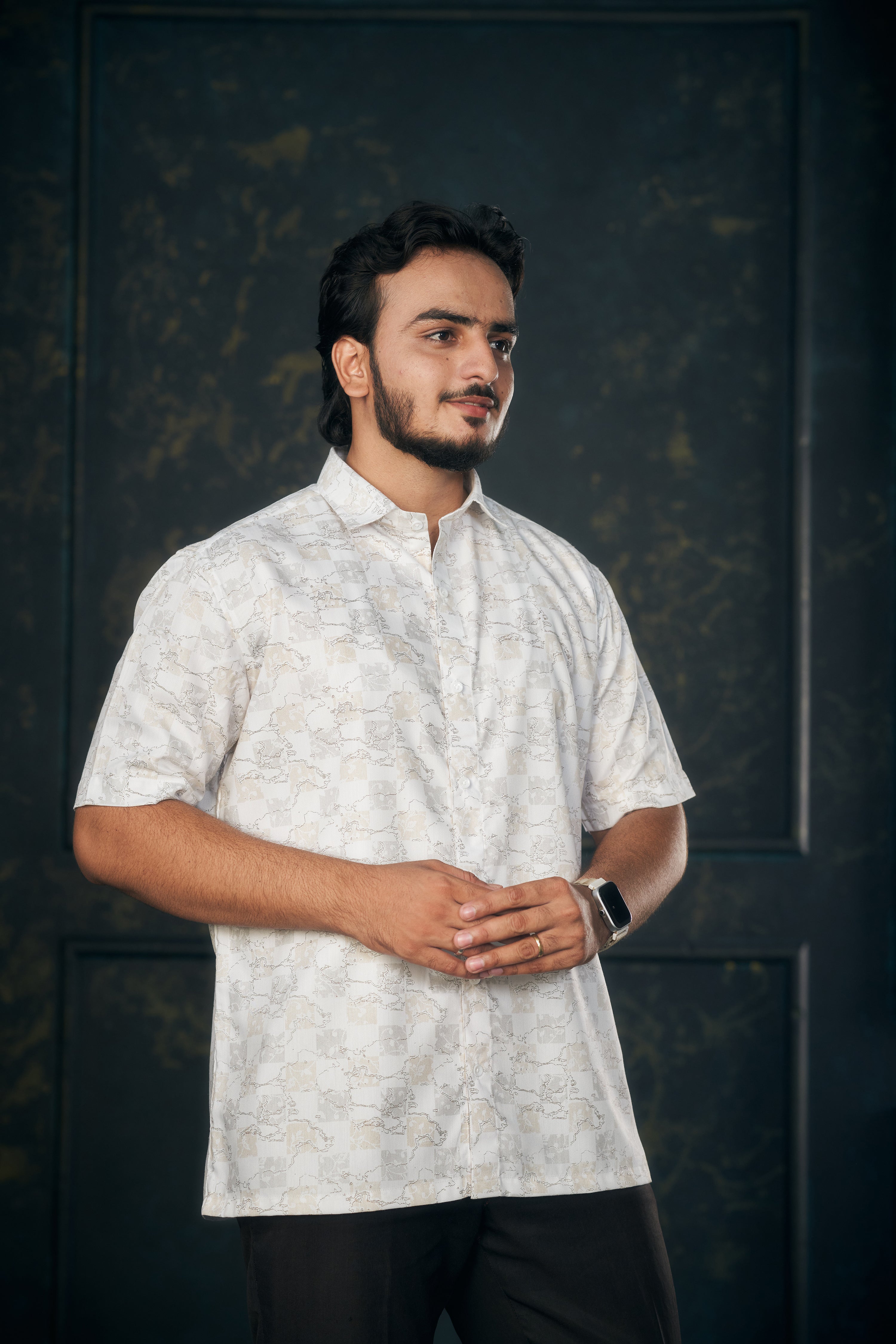 Mensoline Men's Shirt with Gold-Grey Checks & Abstract Print.