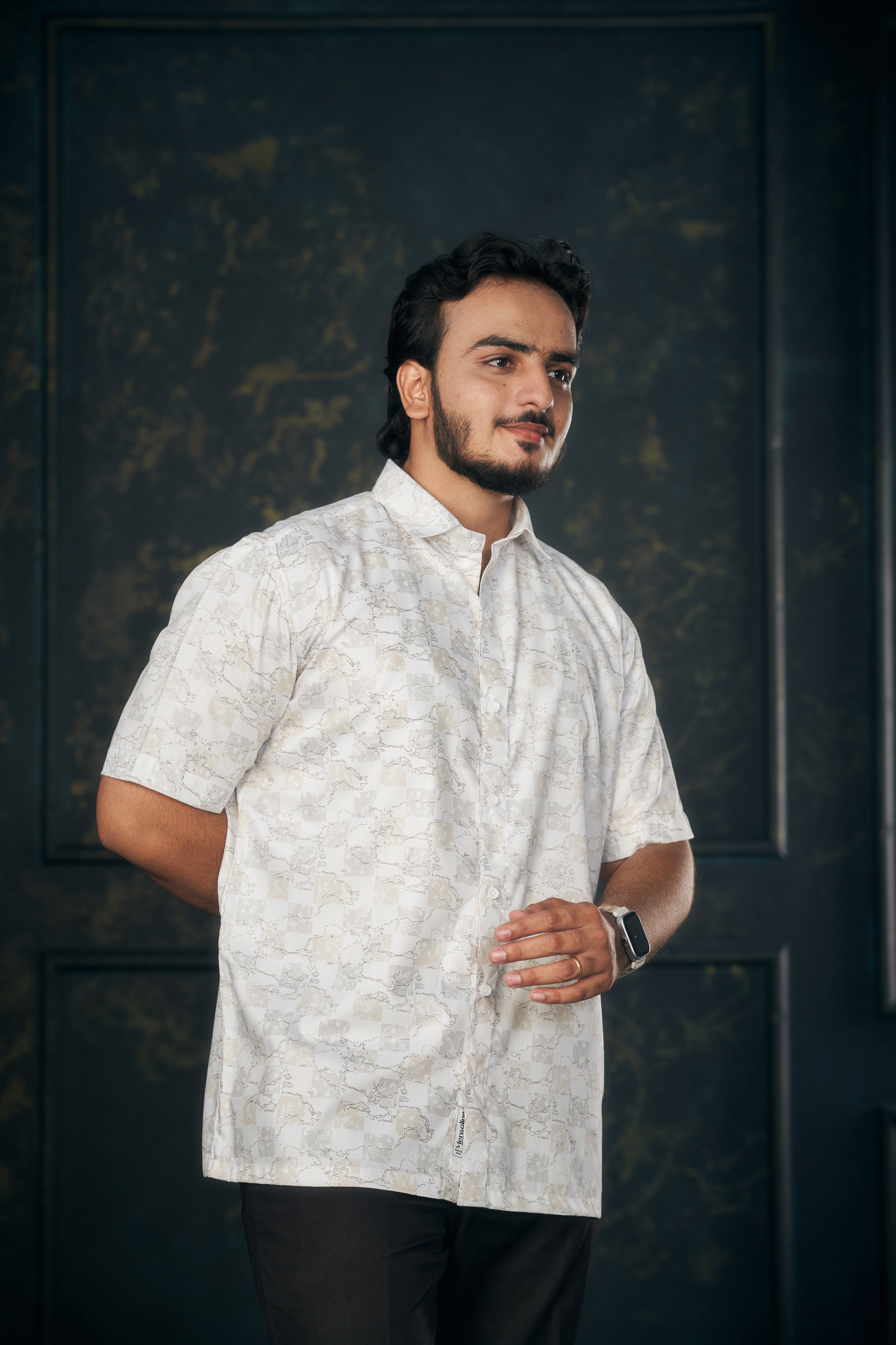 Mensoline Men's Shirt with Gold-Grey Checks & Abstract Print.