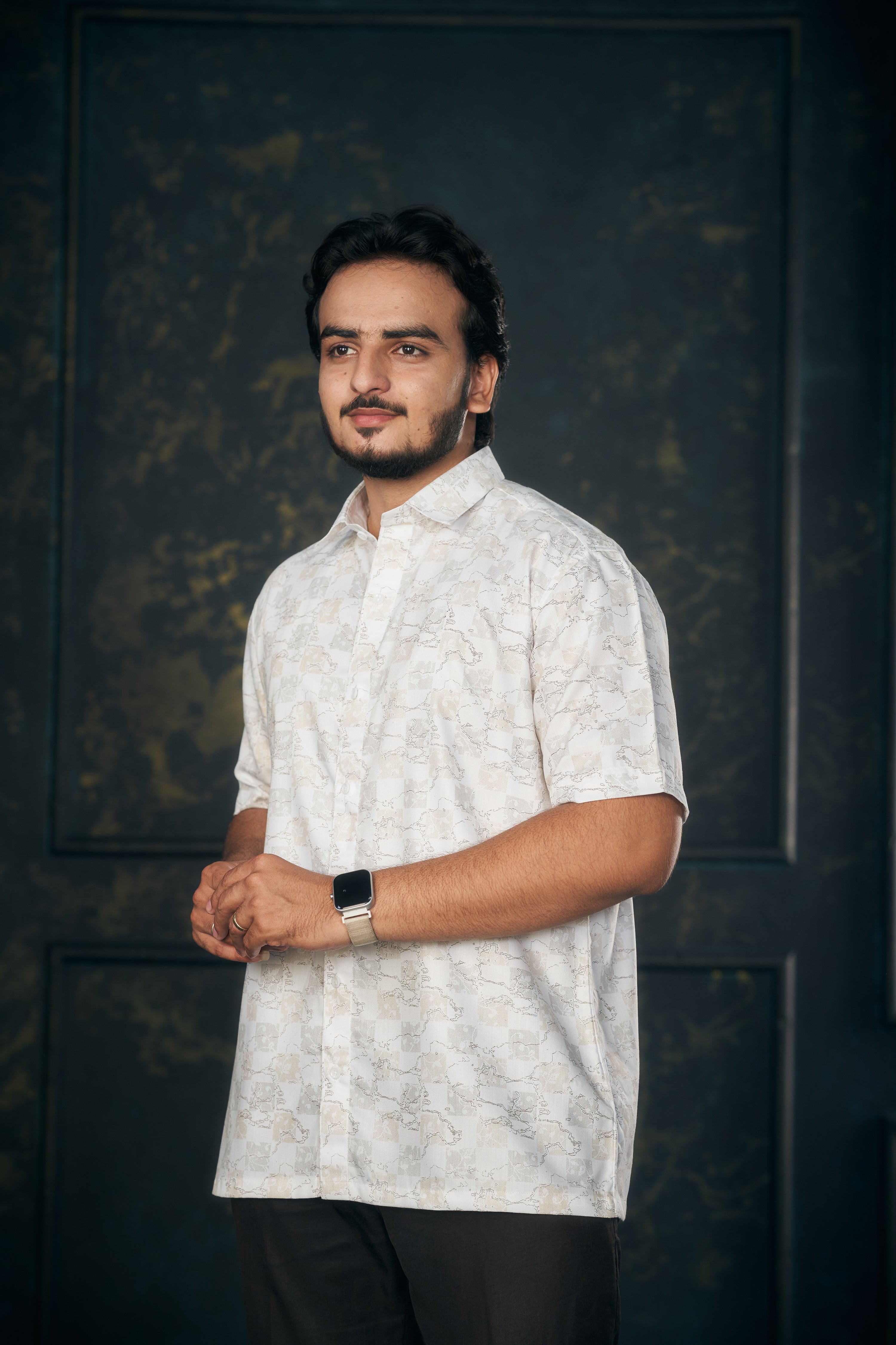 Mensoline Men's Shirt with Gold-Grey Checks & Abstract Print.