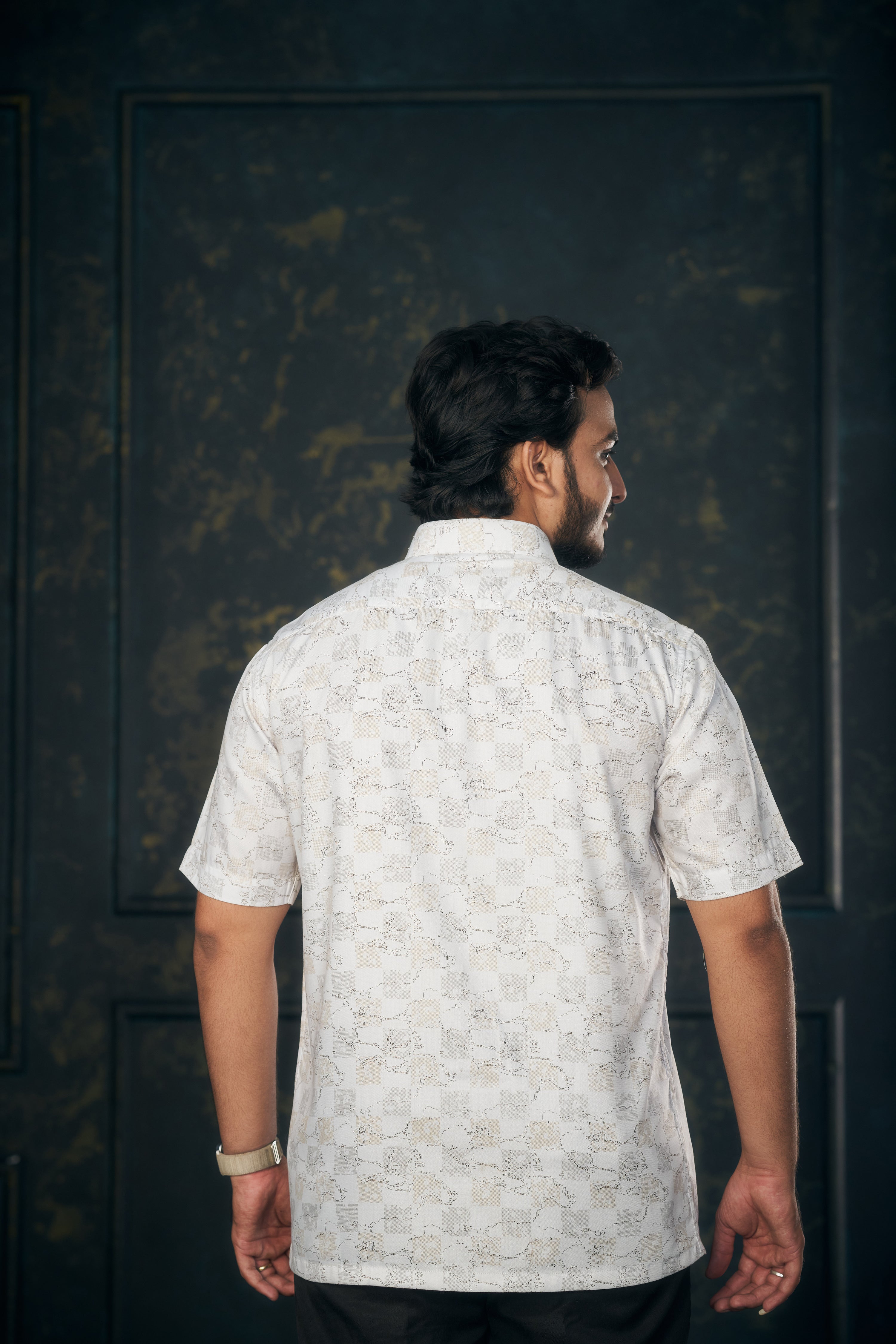 Mensoline Men's Shirt with Gold-Grey Checks & Abstract Print.