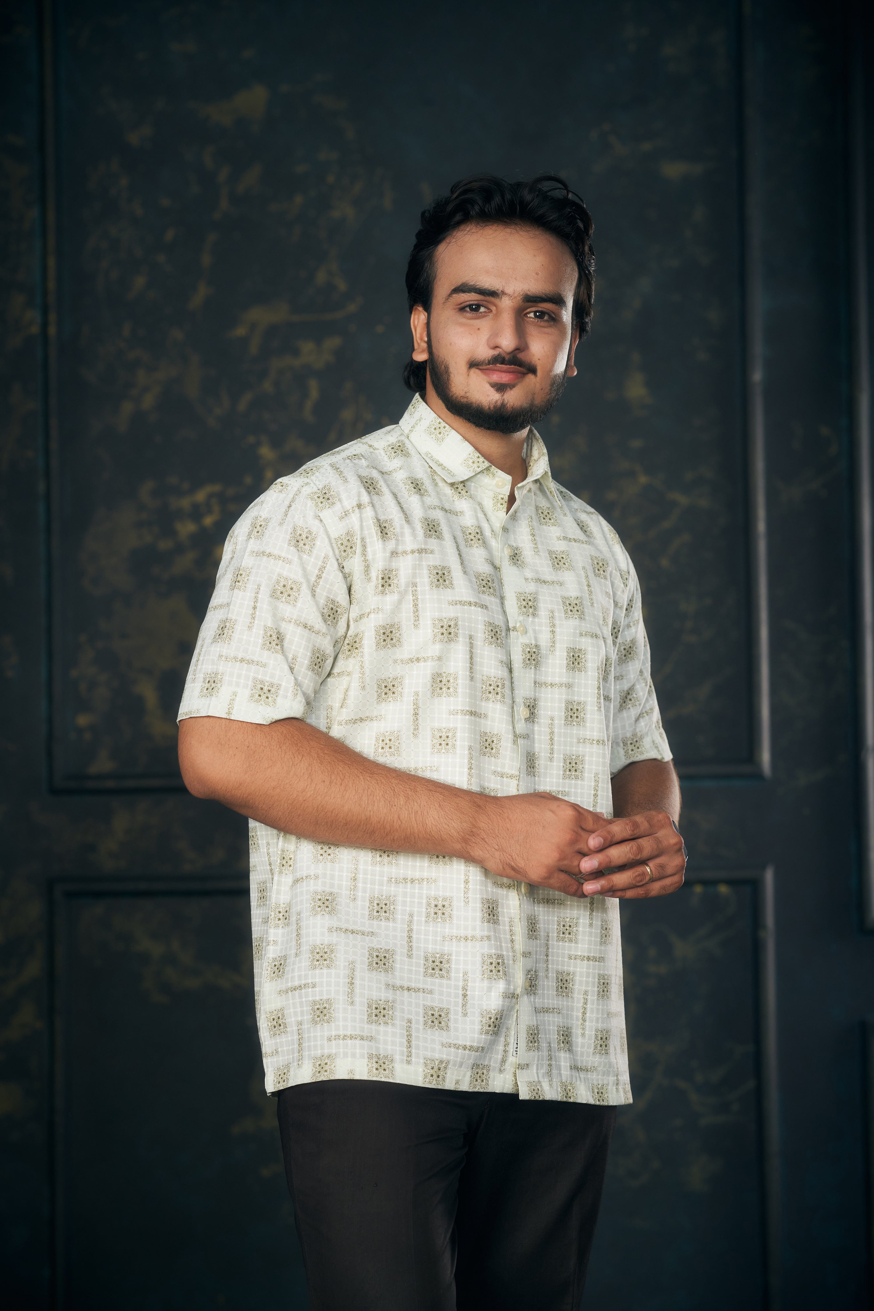 Mensoline Light Green Printed Cotton Blend Shirt for Men.