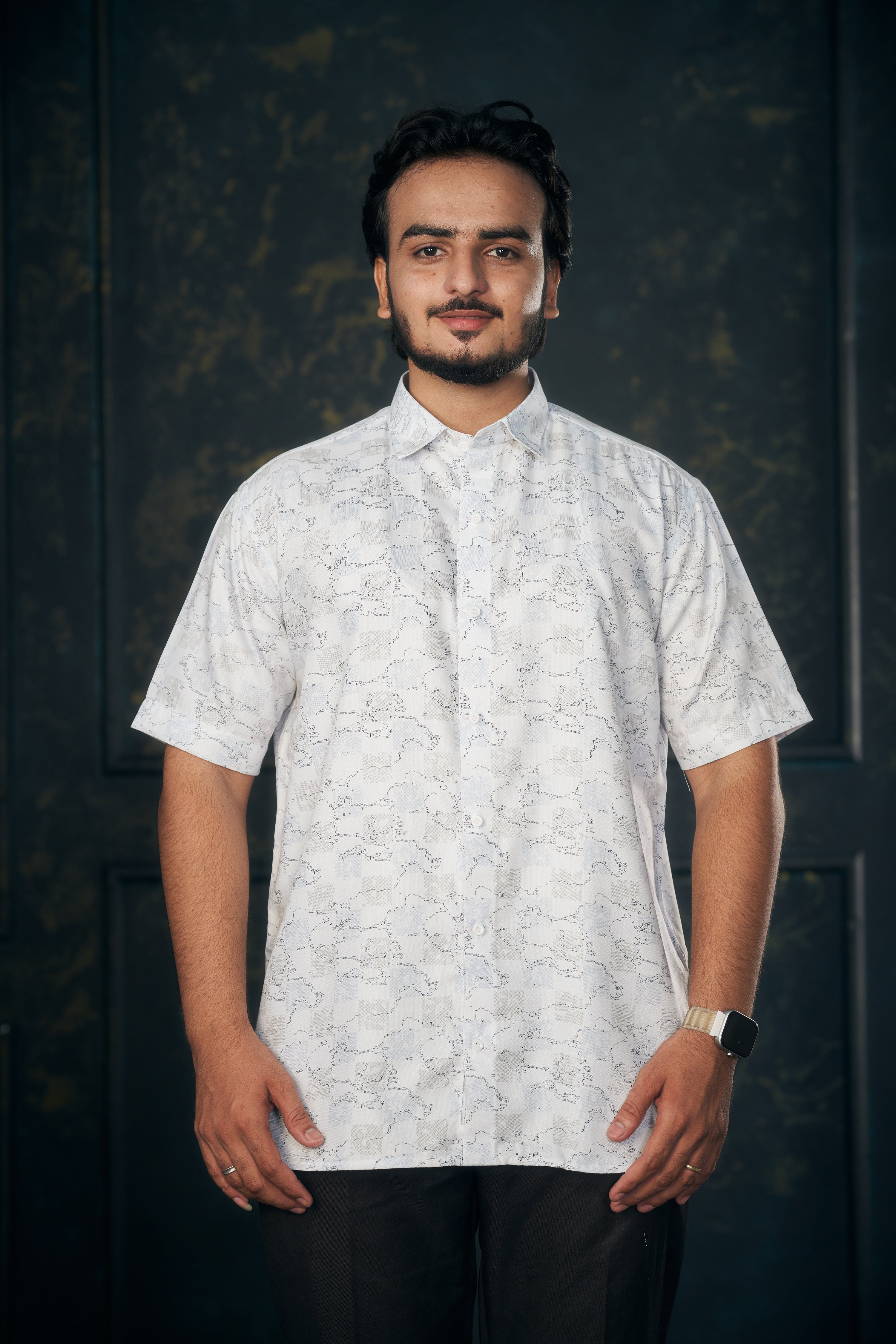 Mensoline Men’s White Abstract Printed Twill Shirt. (Light Blue)