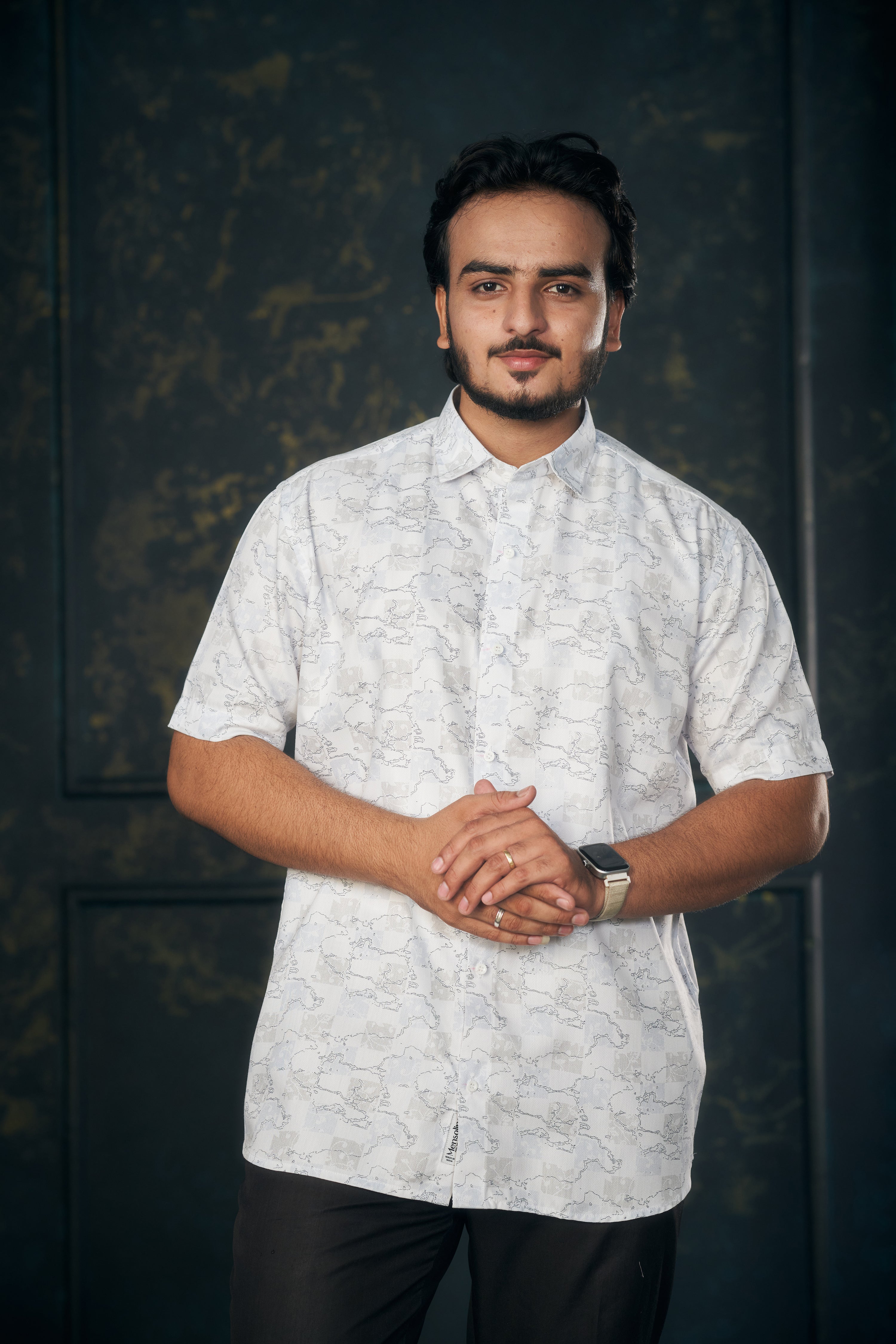 Mensoline Men’s White Abstract Printed Twill Shirt. (Light Blue)