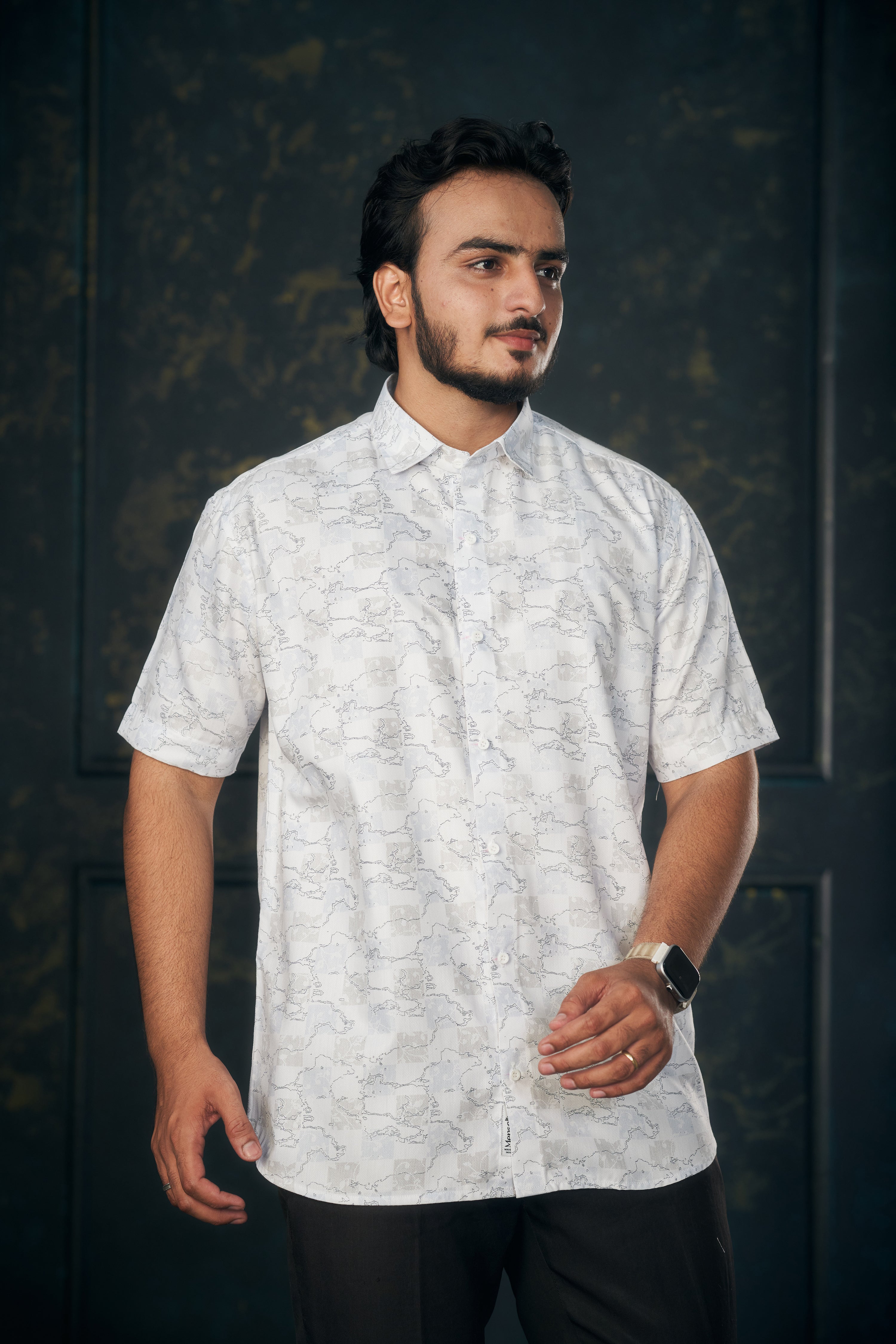 Mensoline Men’s White Abstract Printed Twill Shirt. (Light Blue)